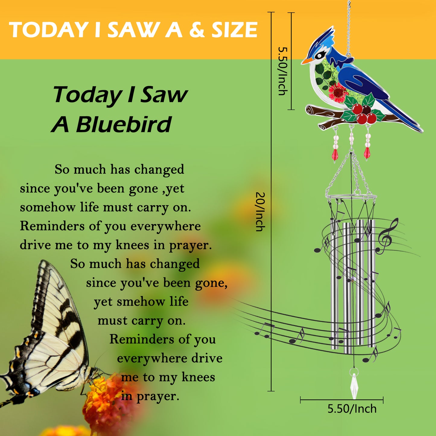 Bluebird Wind Chime – Handmade Glass Suncatcher with Real Flowers & Soothing Chimes