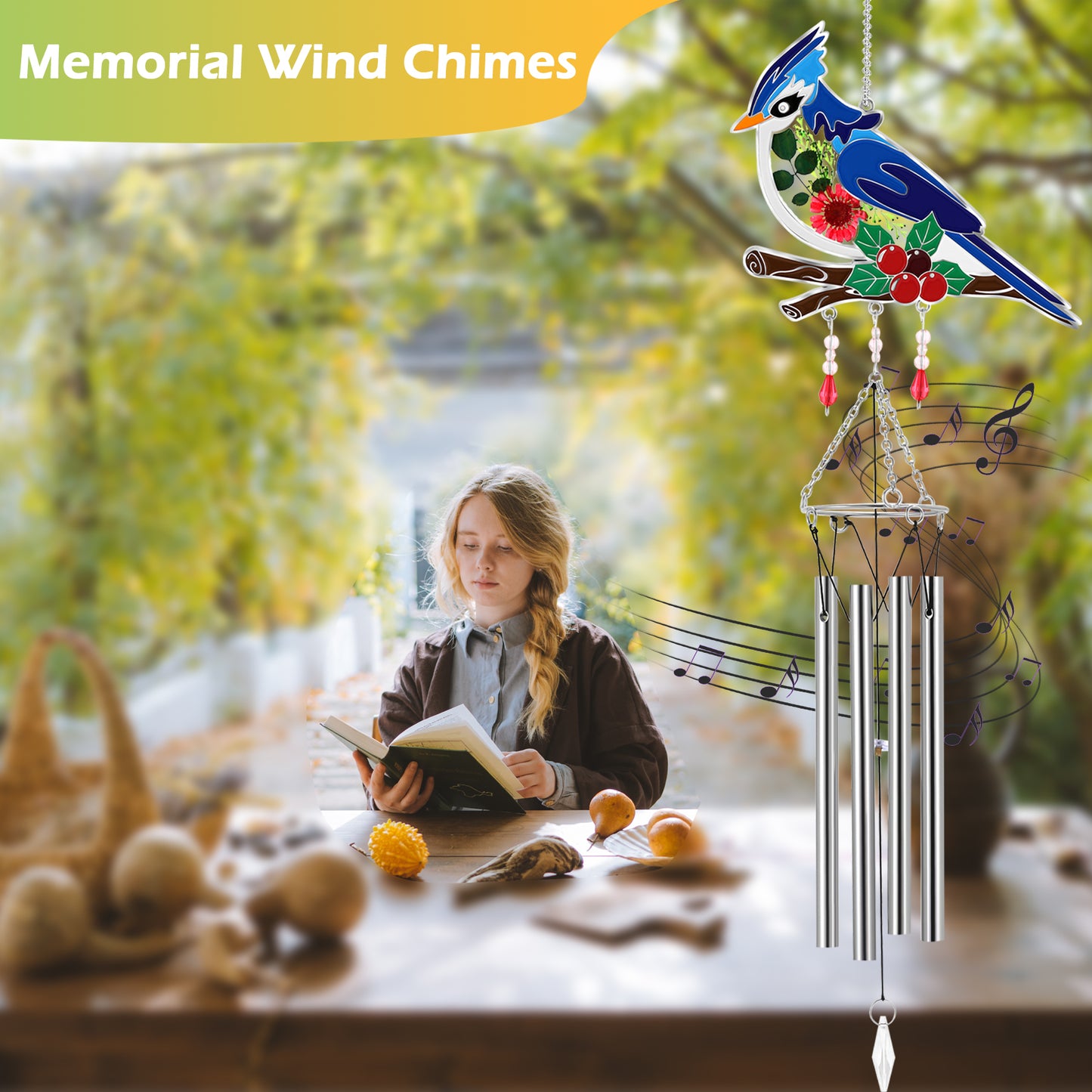 Bluebird Wind Chime – Handmade Glass Suncatcher with Real Flowers & Soothing Chimes
