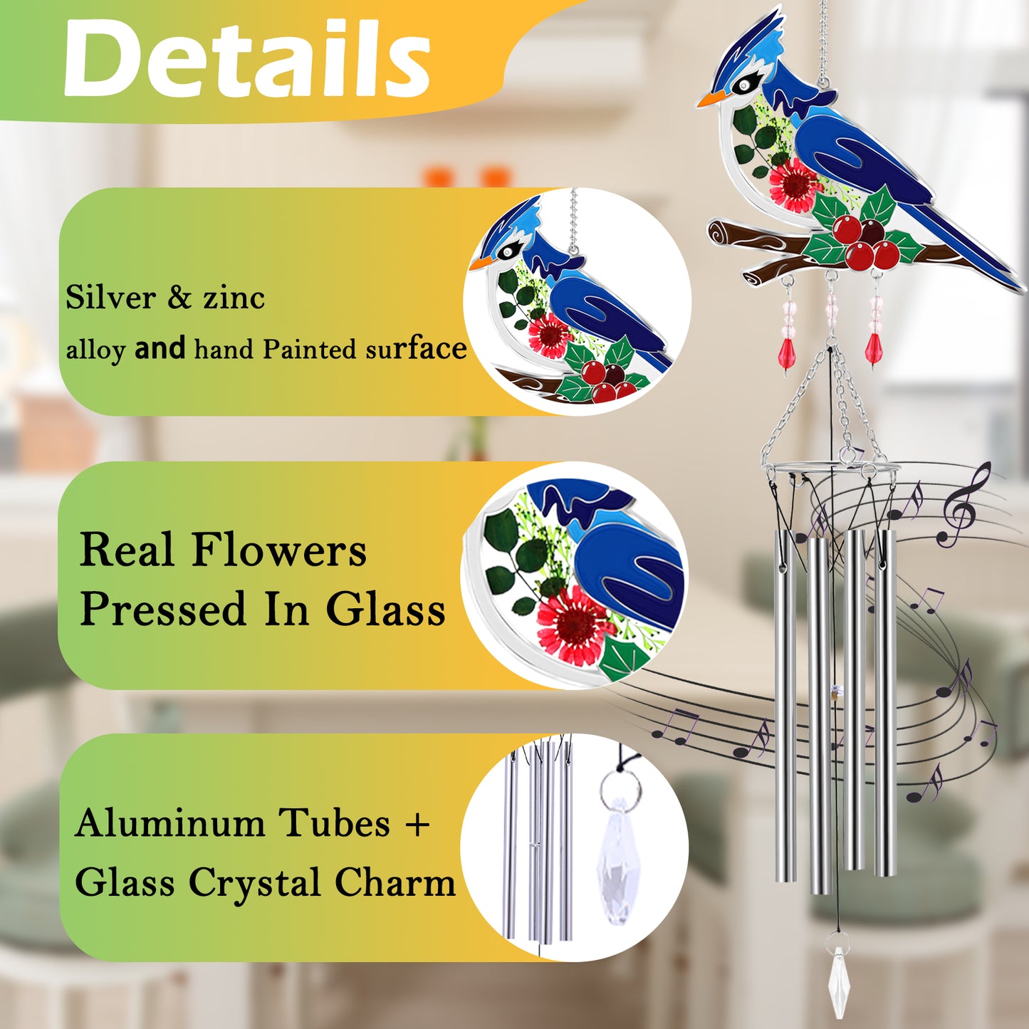 Bluebird Wind Chime – Handmade Glass Suncatcher with Real Flowers & Soothing Chimes