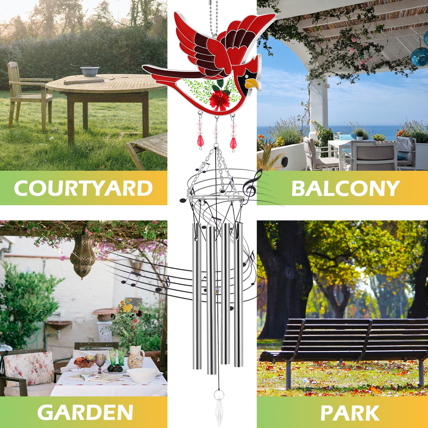 Cardinal Wind Chime – Handmade Glass Suncatcher with Real Flowers & Calming Chimes