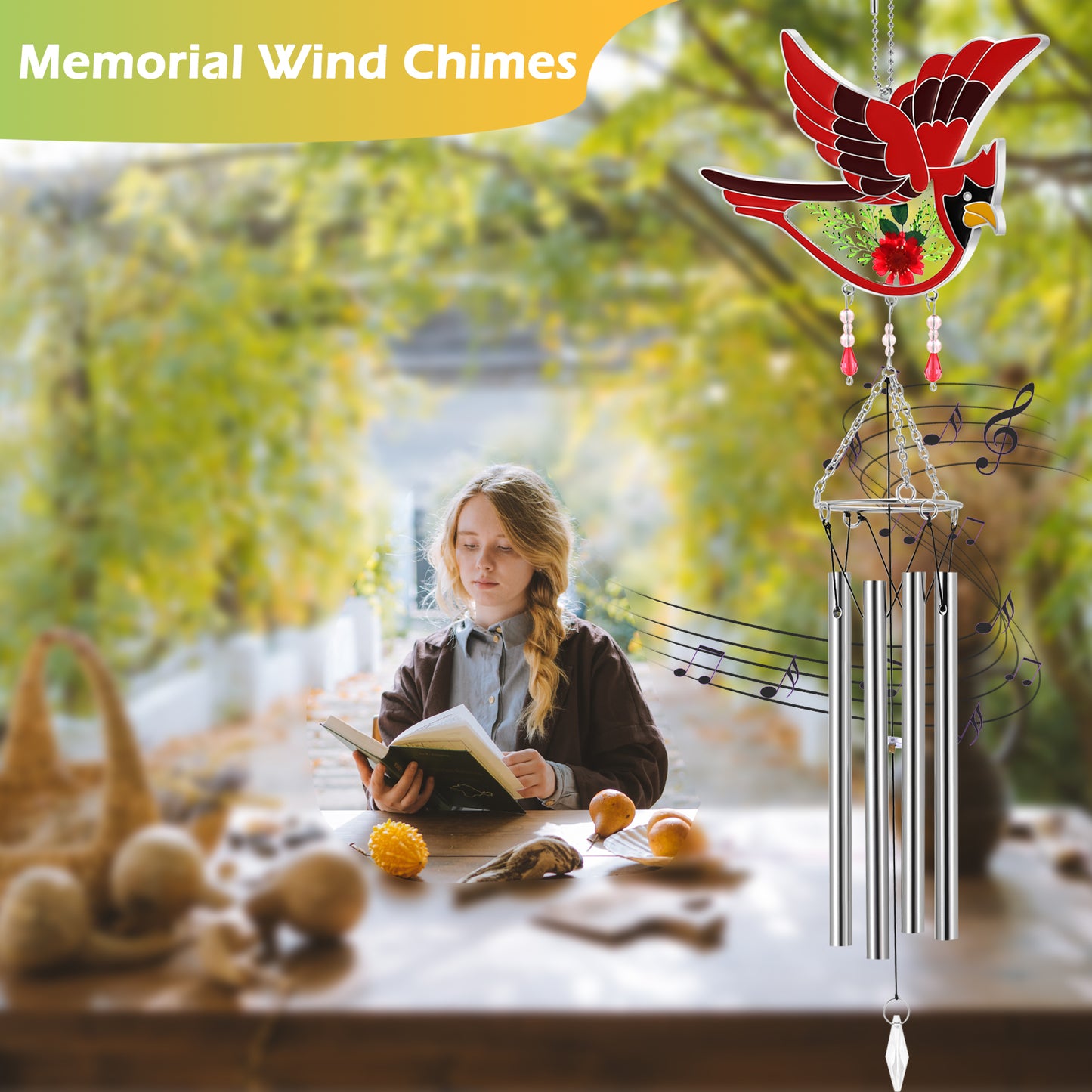 Cardinal Wind Chime – Handmade Glass Suncatcher with Real Flowers & Calming Chimes