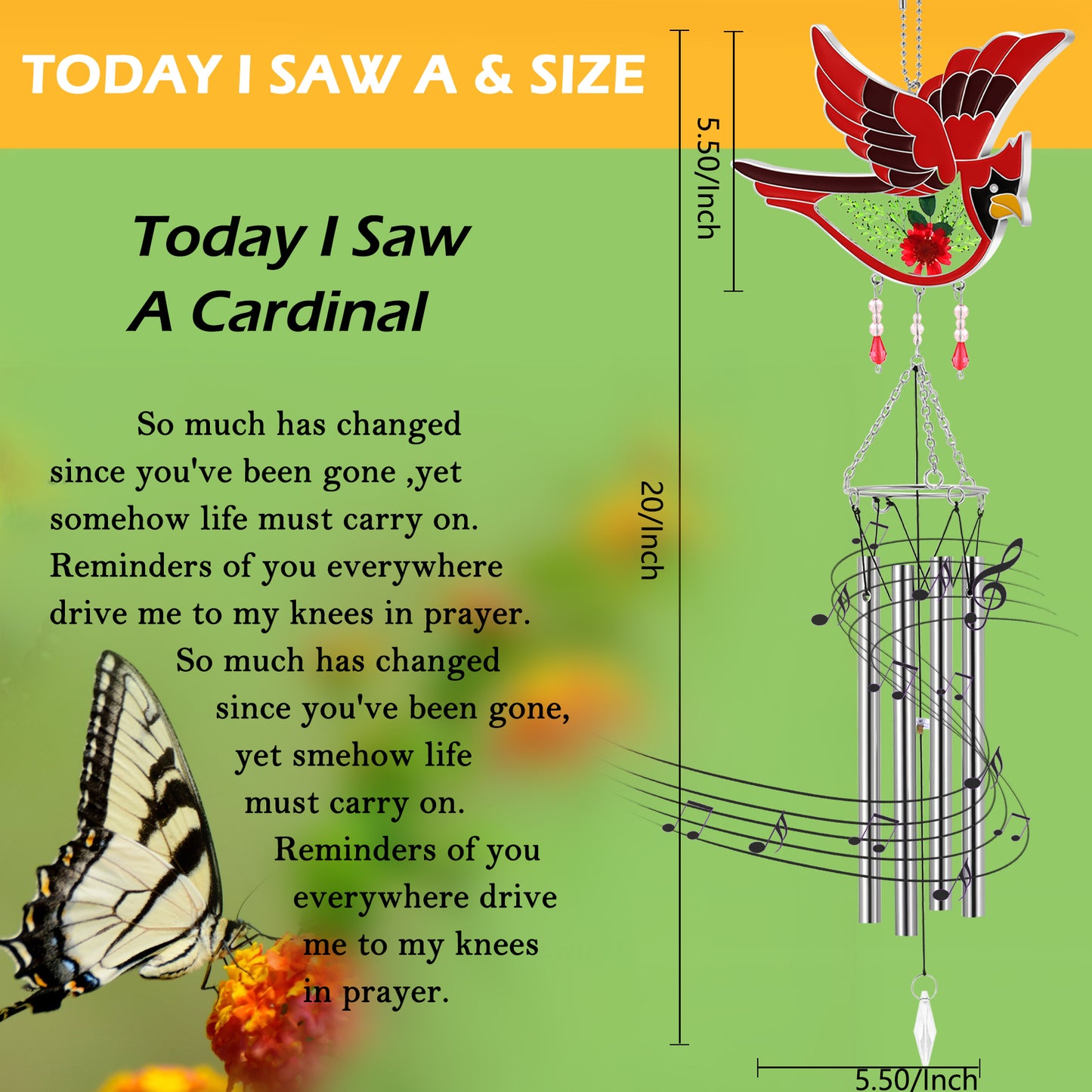 Cardinal Wind Chime – Handmade Glass Suncatcher with Real Flowers & Calming Chimes