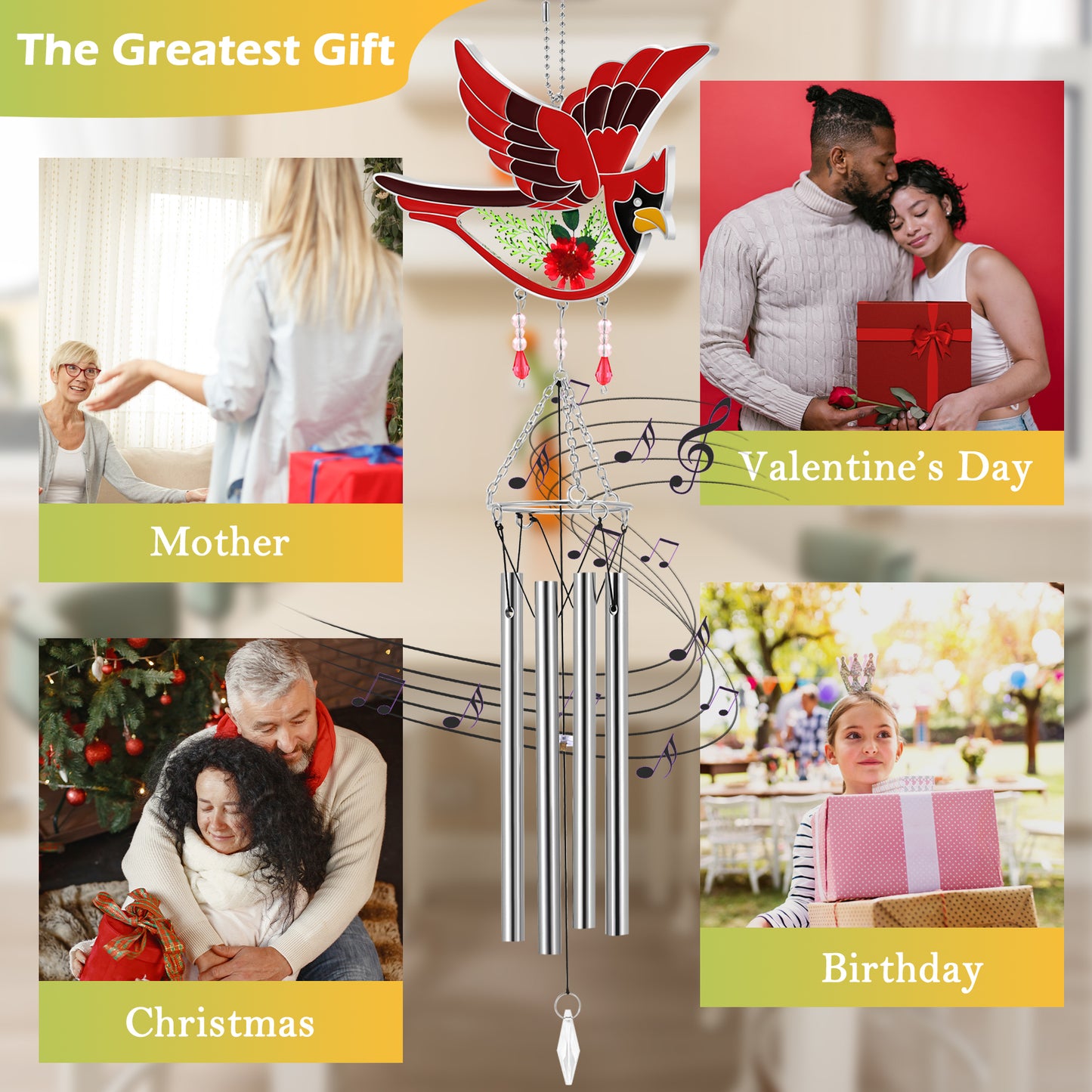 Cardinal Wind Chime – Handmade Glass Suncatcher with Real Flowers & Calming Chimes