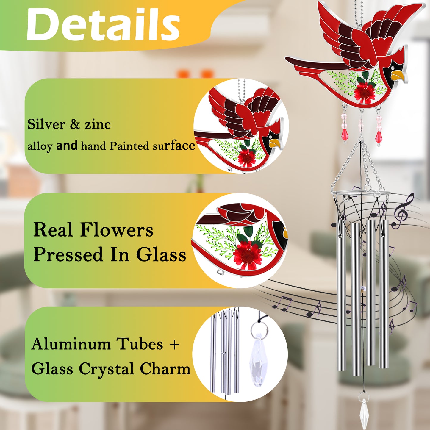 Cardinal Wind Chime – Handmade Glass Suncatcher with Real Flowers & Calming Chimes