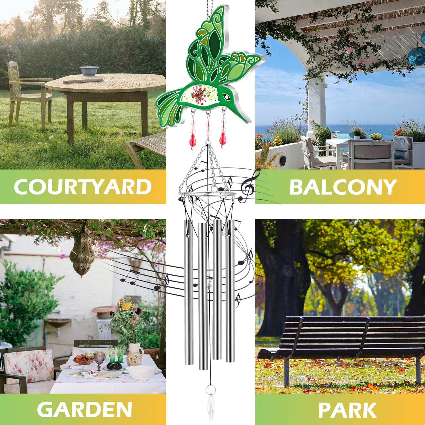 Hummingbird Wind Chime – Handmade Glass Suncatcher with Real Flowers & Soothing Chimes