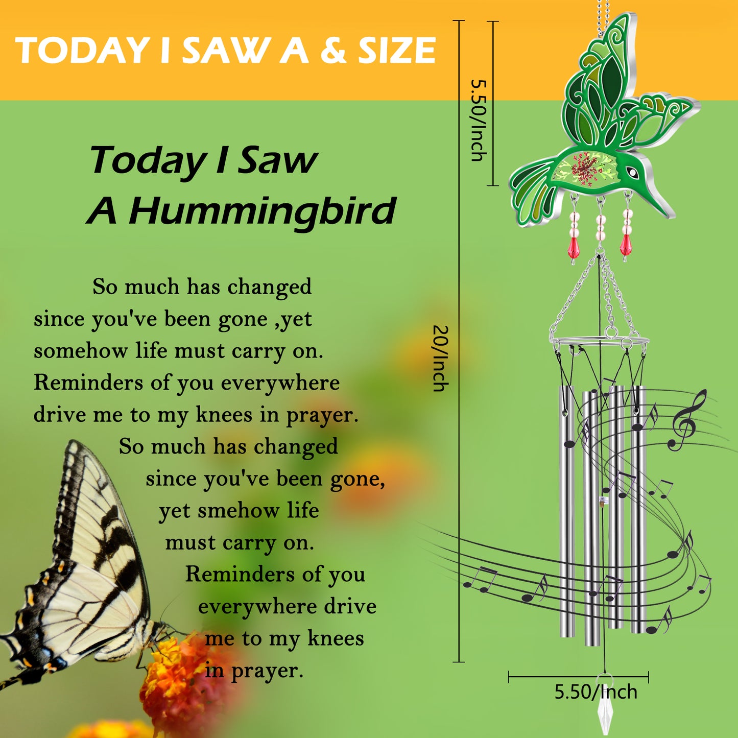 Hummingbird Wind Chime – Handmade Glass Suncatcher with Real Flowers & Soothing Chimes