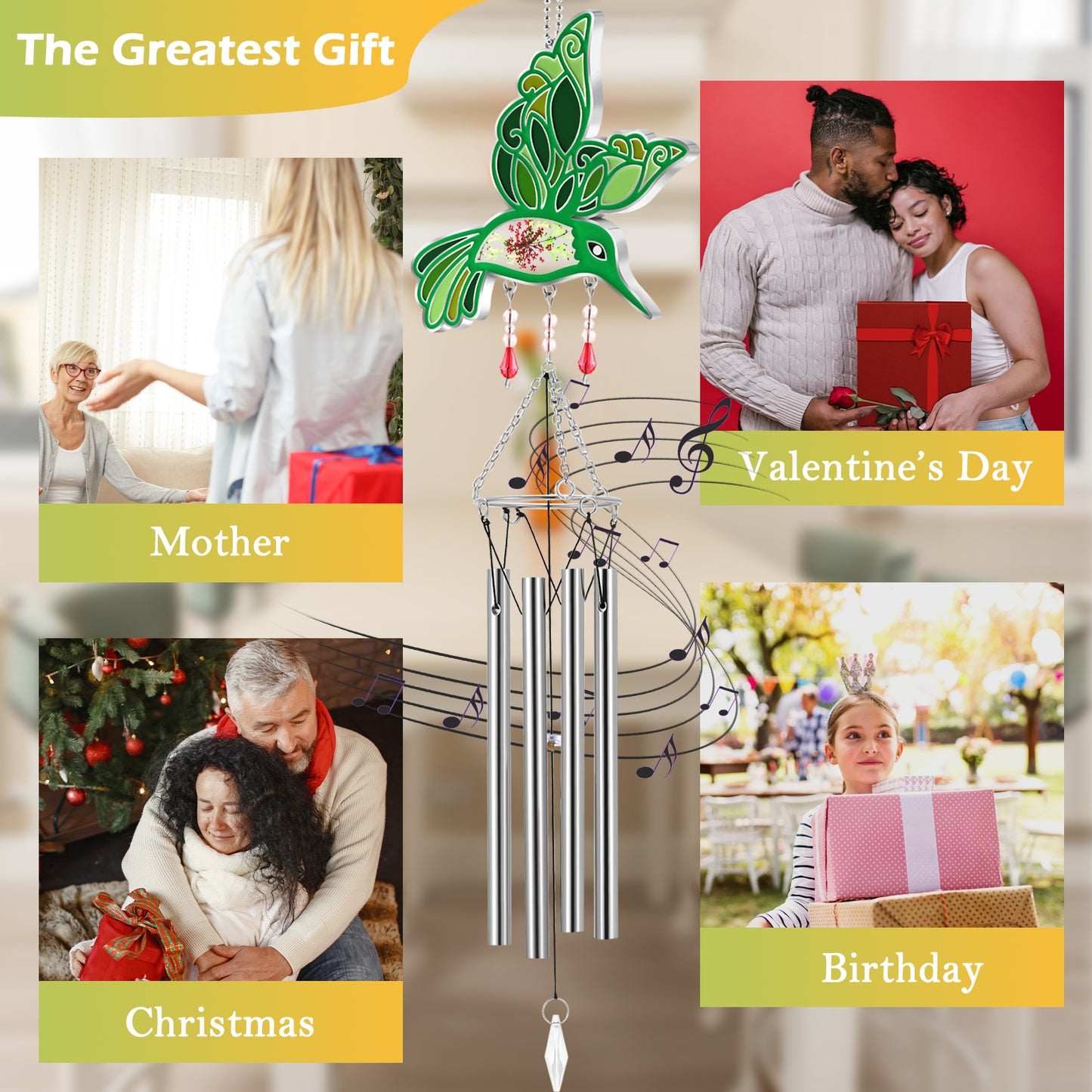 Hummingbird Wind Chime – Handmade Glass Suncatcher with Real Flowers & Soothing Chimes