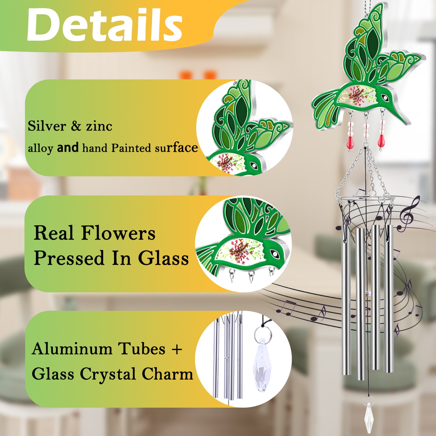 Hummingbird Wind Chime – Handmade Glass Suncatcher with Real Flowers & Soothing Chimes
