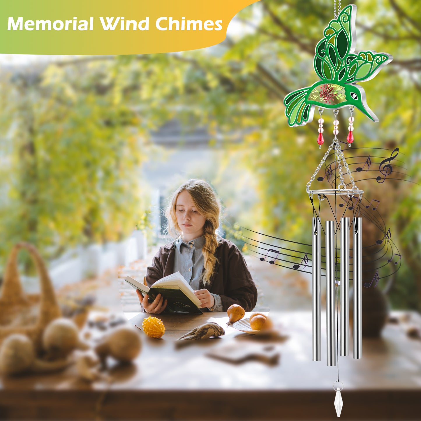 Hummingbird Wind Chime – Handmade Glass Suncatcher with Real Flowers & Soothing Chimes
