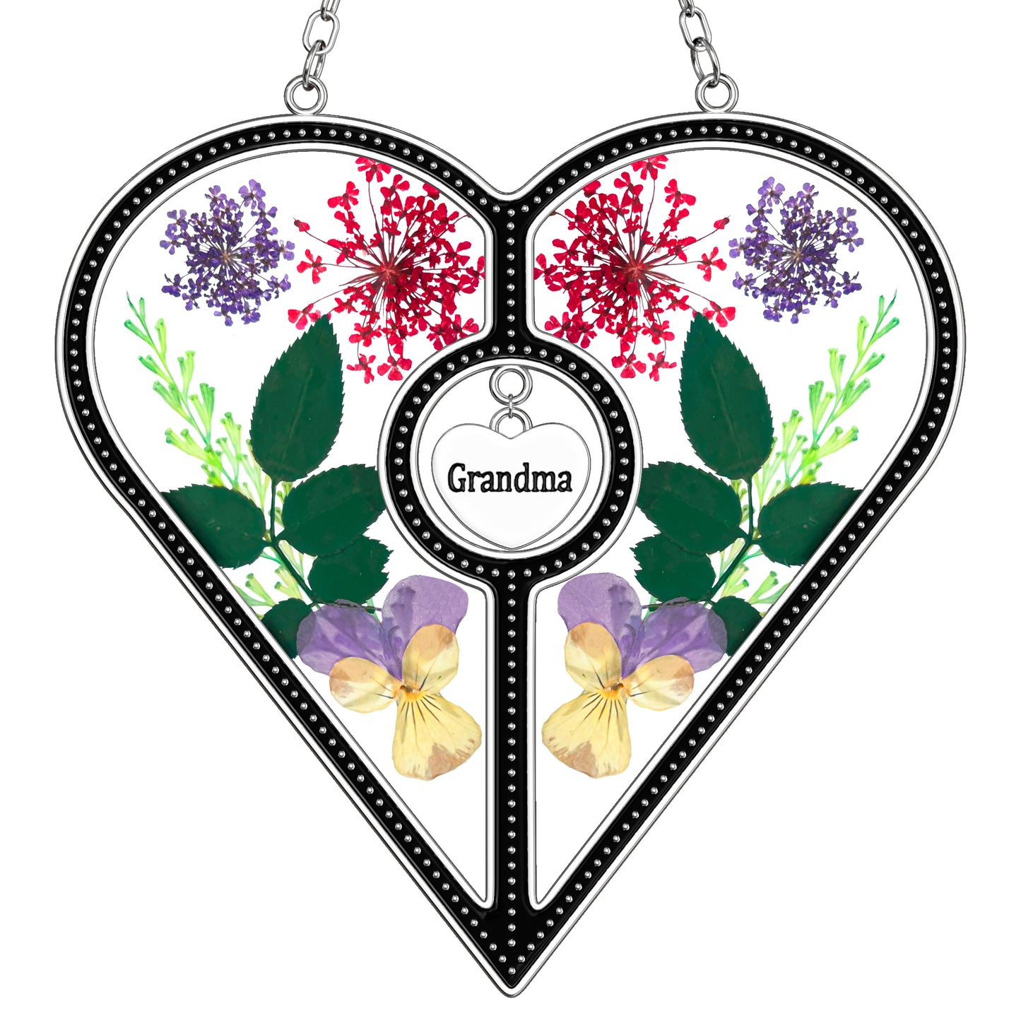 Heart-Shaped Suncatcher with Real Flowers – “Grandma” Hanging Gift Ornament