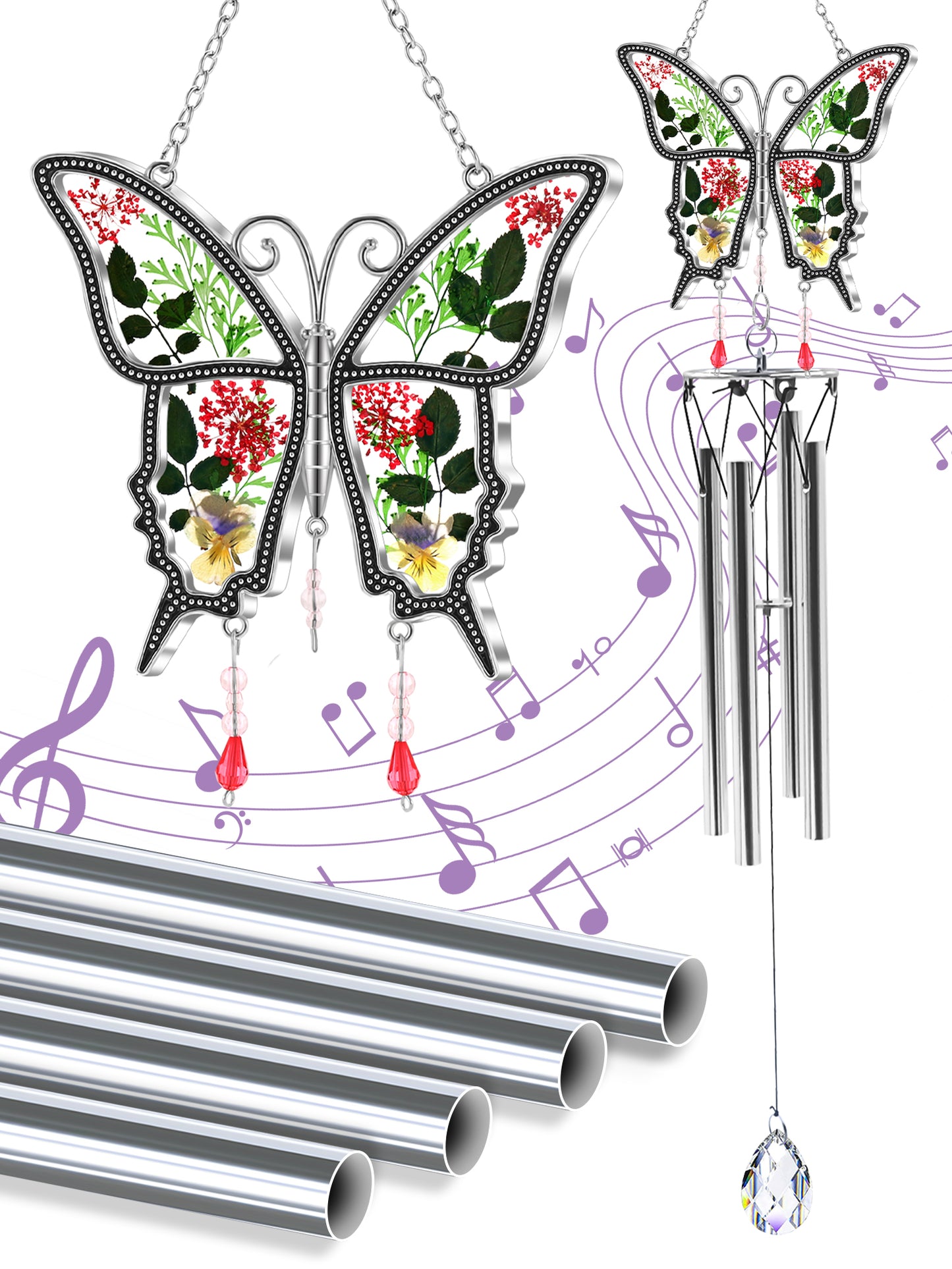 Butterfly Wind Chime – Handmade Glass Art with Real Flowers | Garden & Window Decor