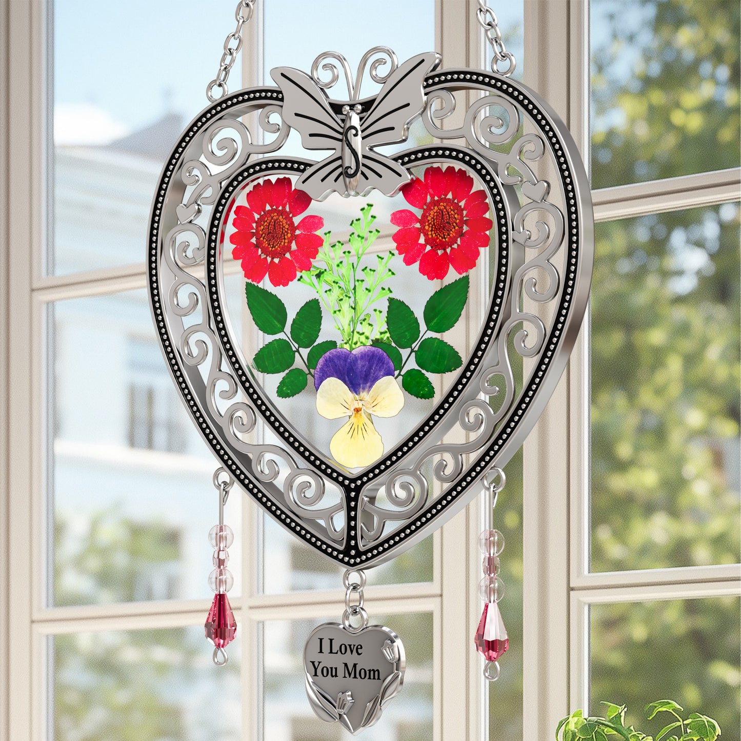 Heart-Shaped Butterfly Suncatcher with Real Flowers – “I Love You Mom” Gift