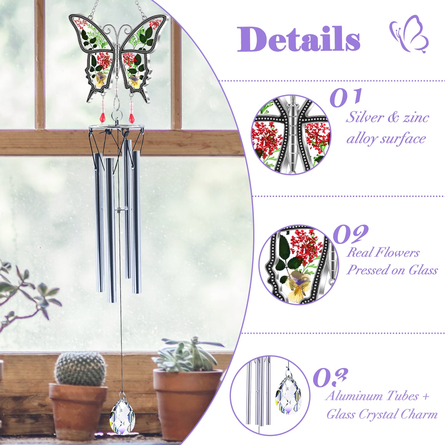 Butterfly Wind Chime – Handmade Glass Art with Real Flowers | Garden & Window Decor