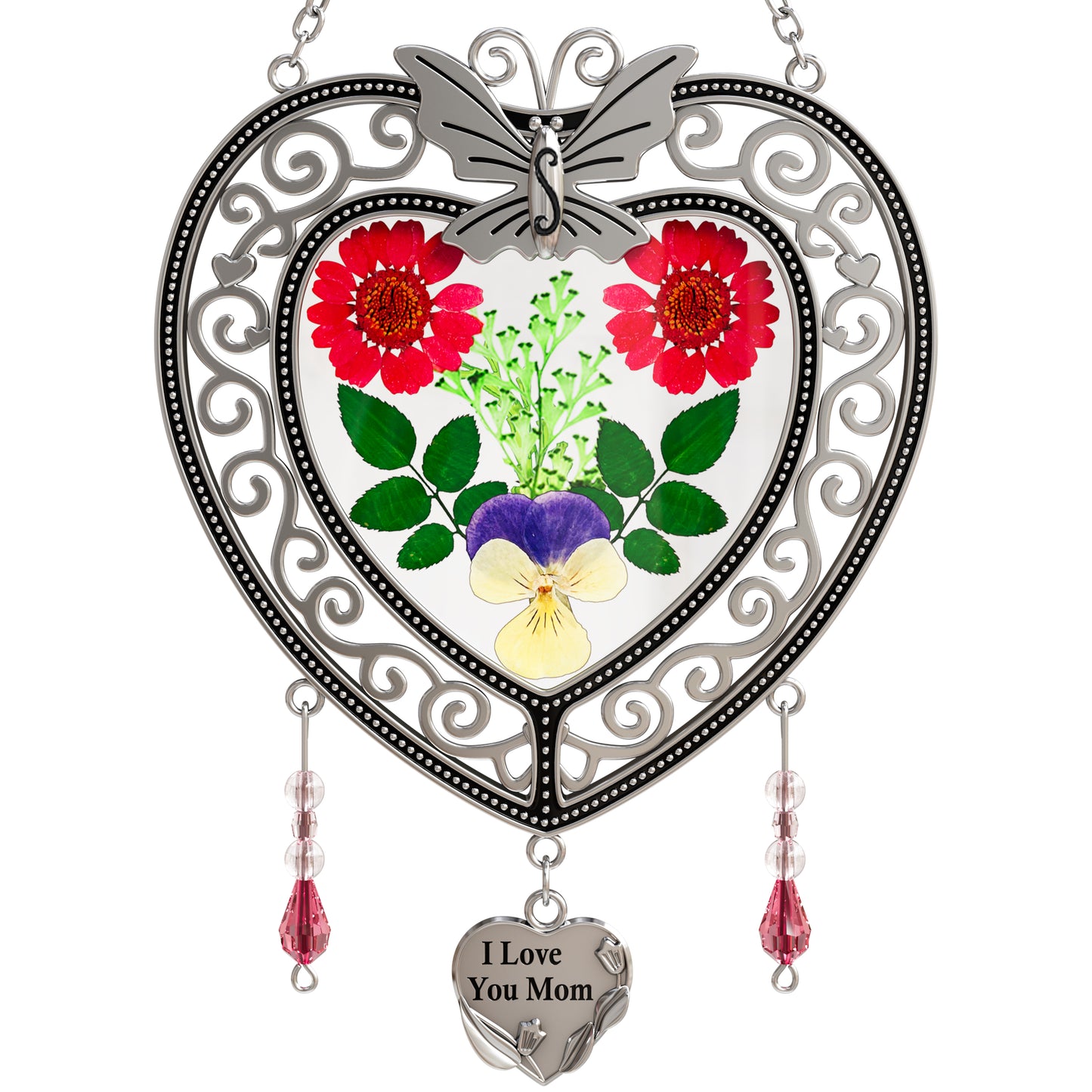 Heart-Shaped Butterfly Suncatcher with Real Flowers – “I Love You Mom” Gift