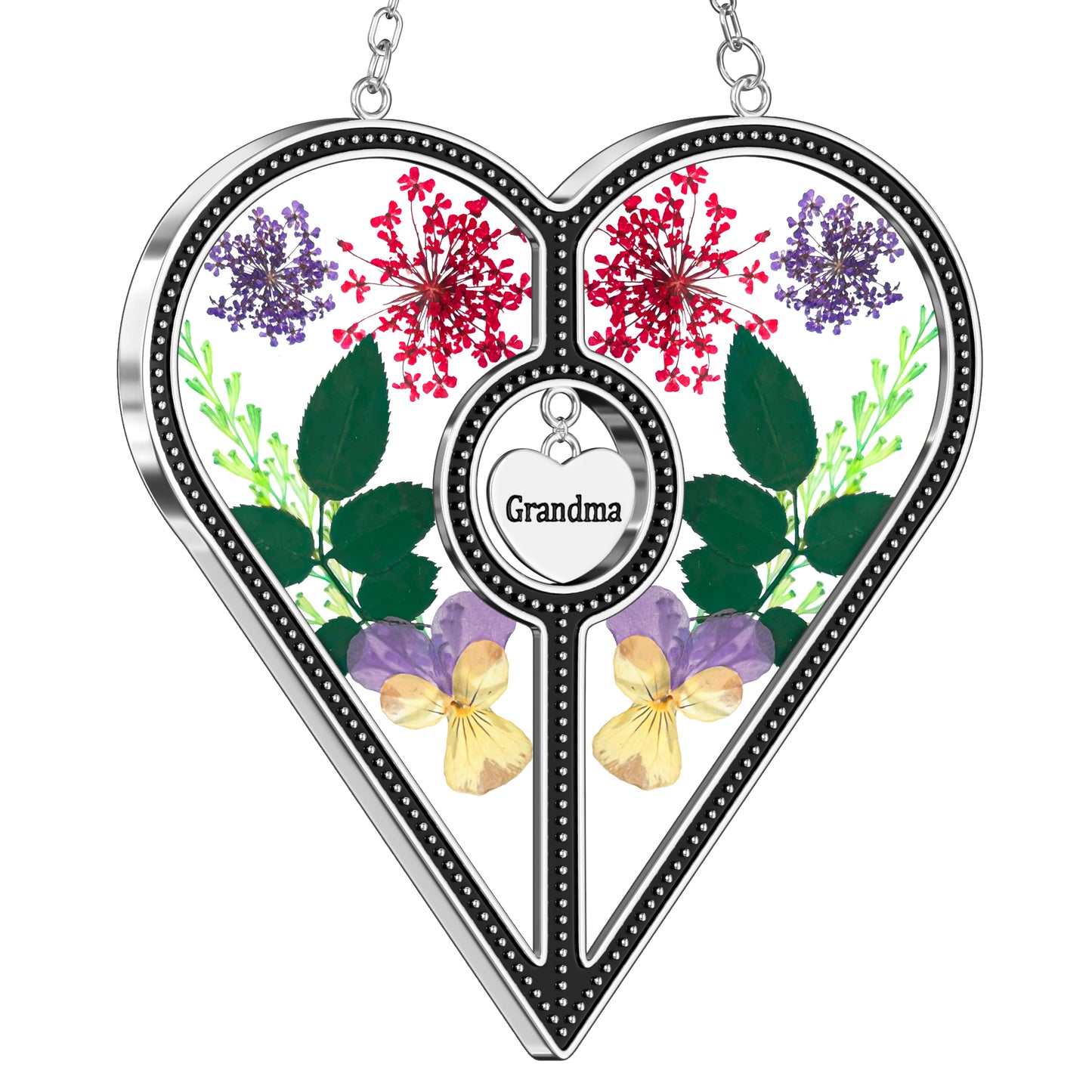Heart-Shaped Suncatcher with Real Flowers – “Grandma” Hanging Gift Ornament