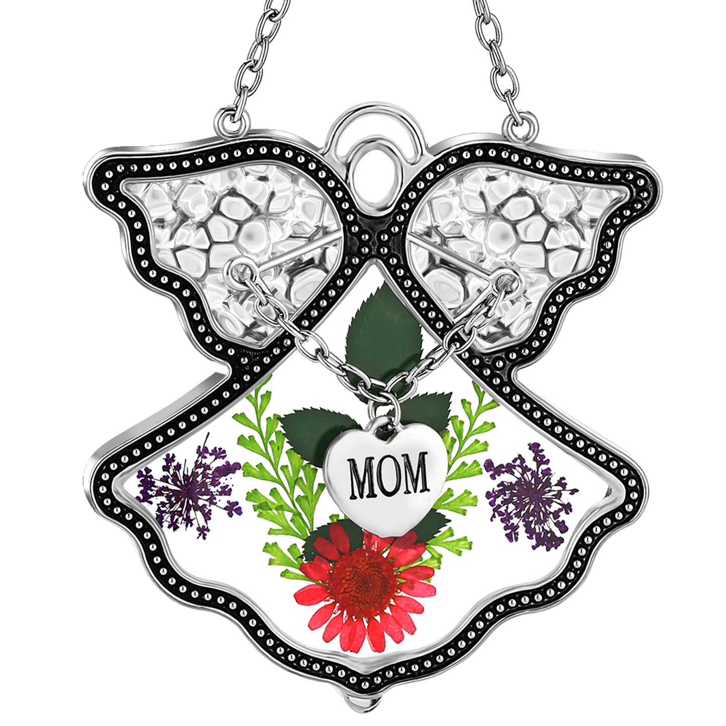 Angel Suncatcher with Real Flowers – “MOM” Heart Charm Hanging Gift