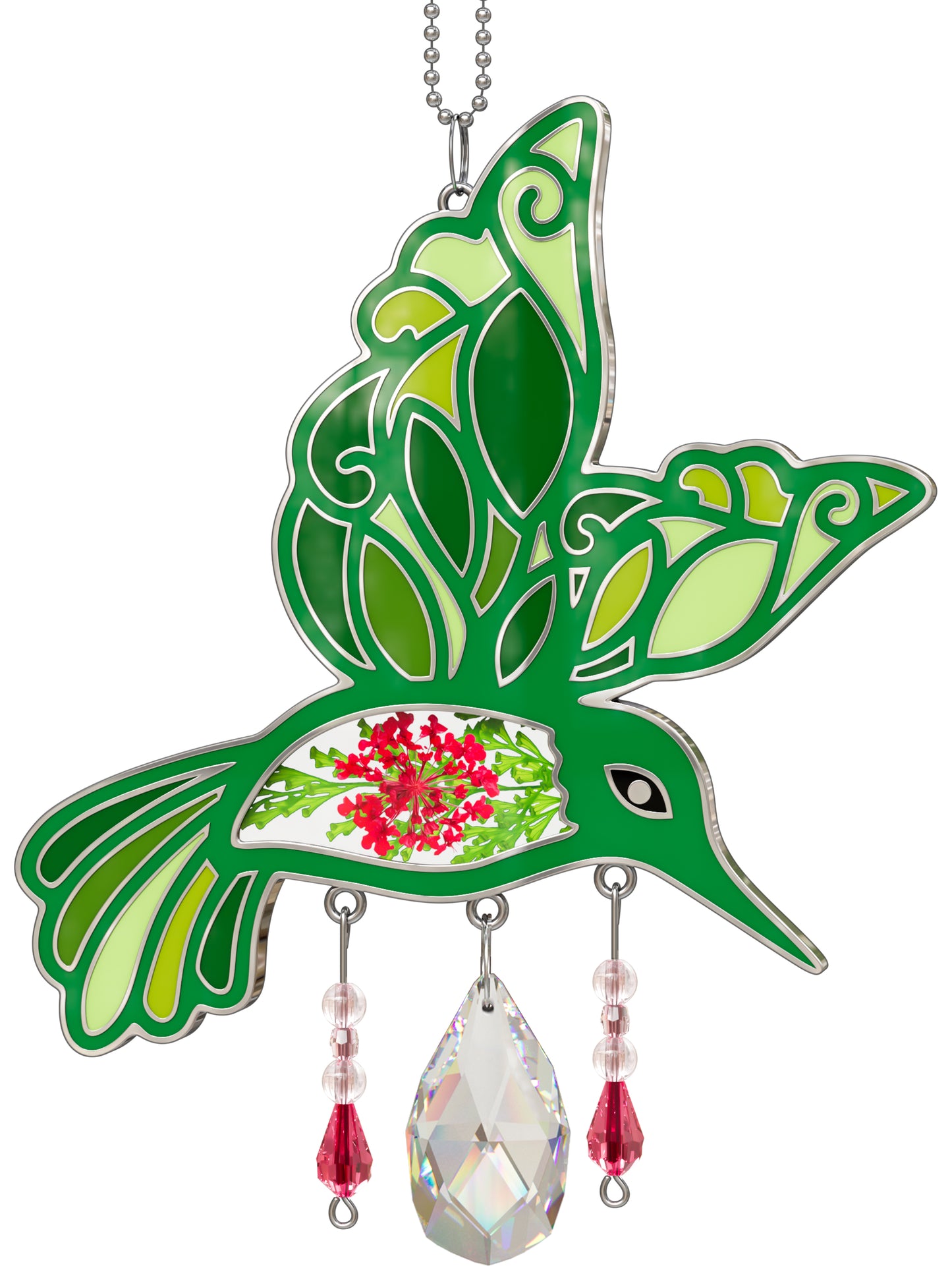 Hummingbird Suncatcher with Real Pressed Flowers & Crystal Drop – Green Window Hanging Decor