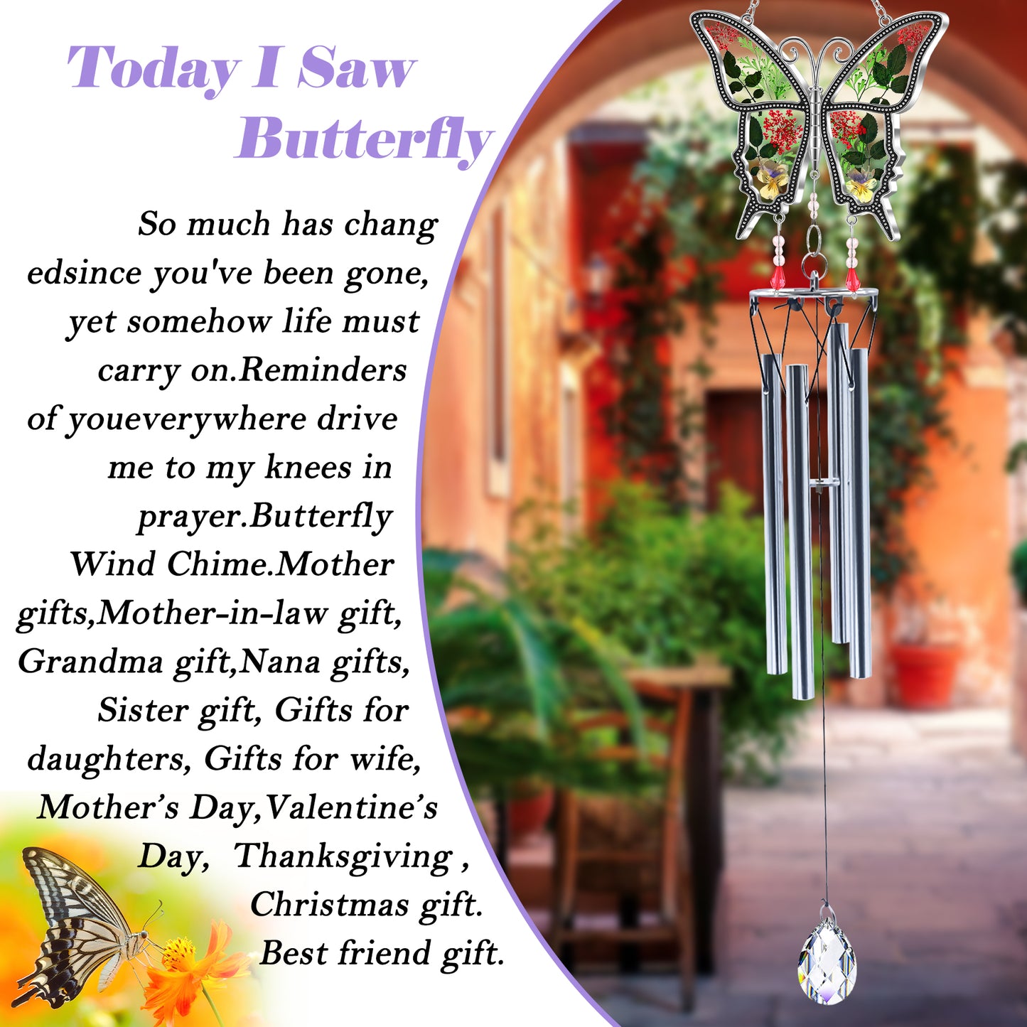 Butterfly Wind Chime – Handmade Glass Art with Real Flowers | Garden & Window Decor