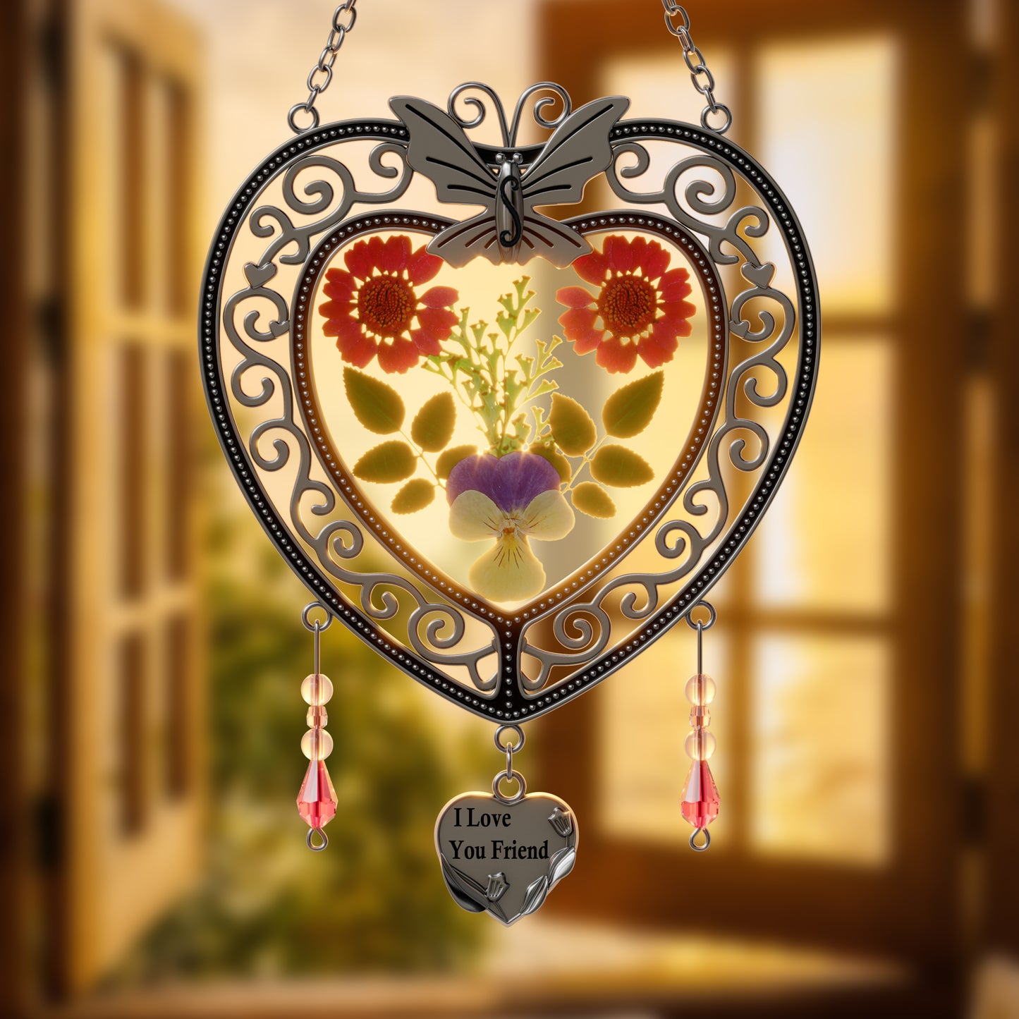 Heart-Shaped Butterfly Suncatcher with Real Flowers – “I Love You Mom” Gift