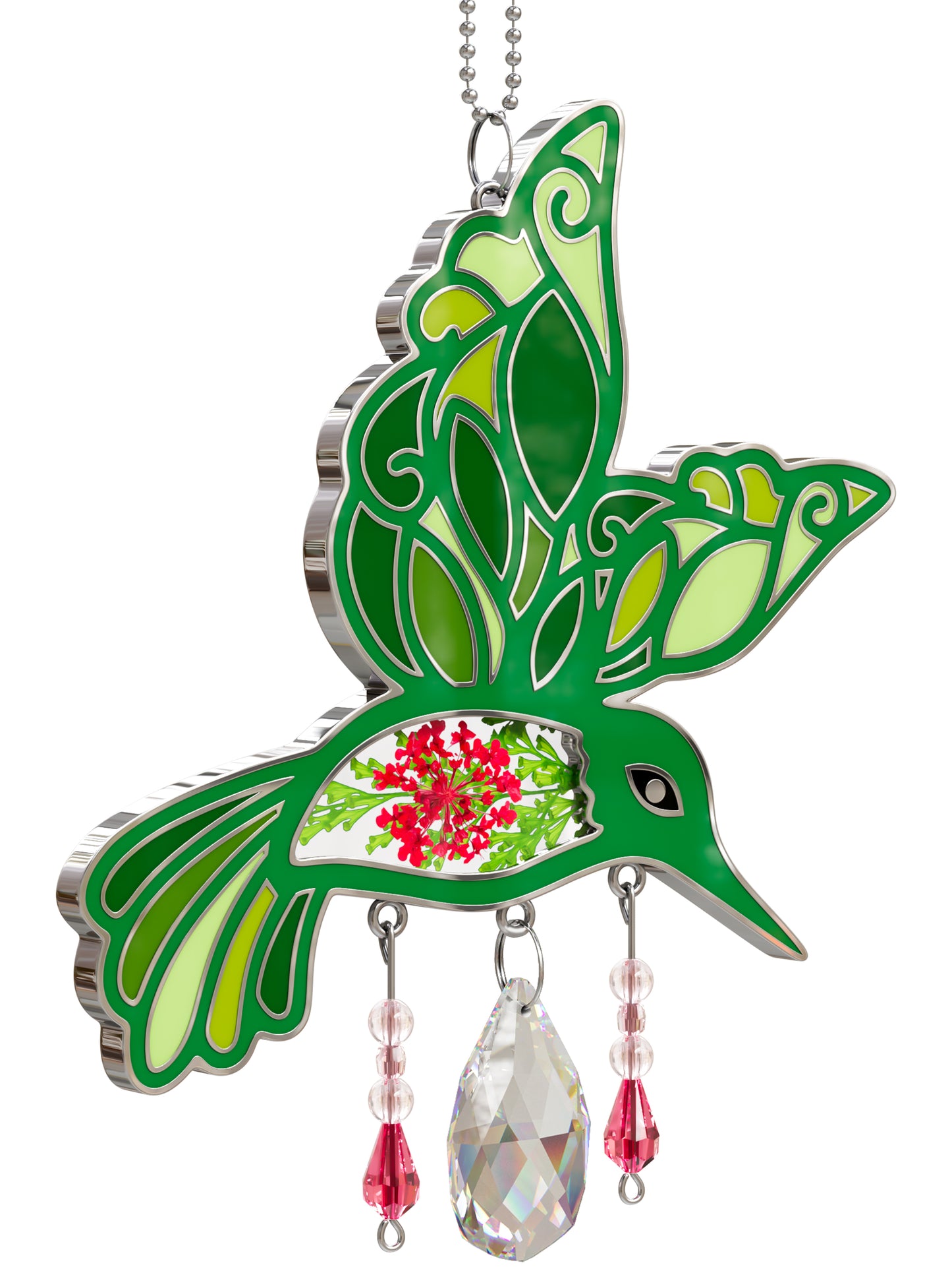 Hummingbird Suncatcher with Real Pressed Flowers & Crystal Drop – Green Window Hanging Decor