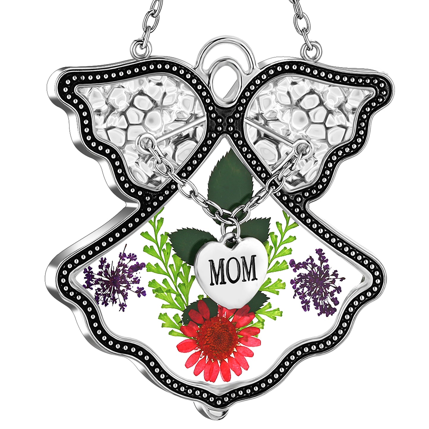 Angel Suncatcher with Real Flowers – “MOM” Heart Charm Hanging Gift