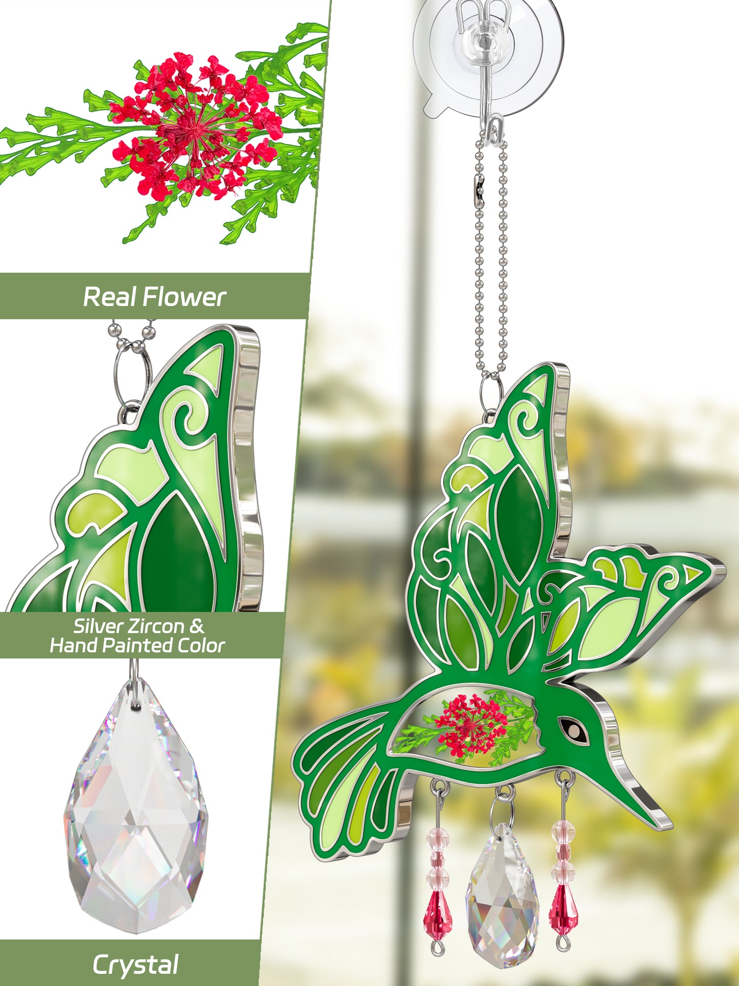Hummingbird Suncatcher with Real Pressed Flowers & Crystal Drop – Green Window Hanging Decor
