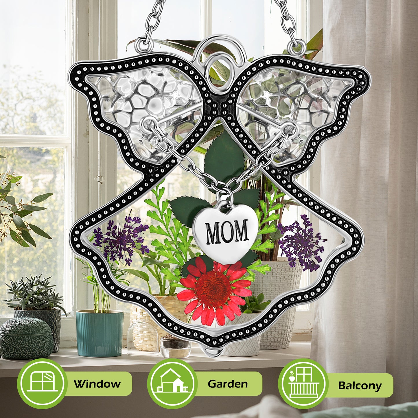 Angel Suncatcher with Real Flowers – “MOM” Heart Charm Hanging Gift