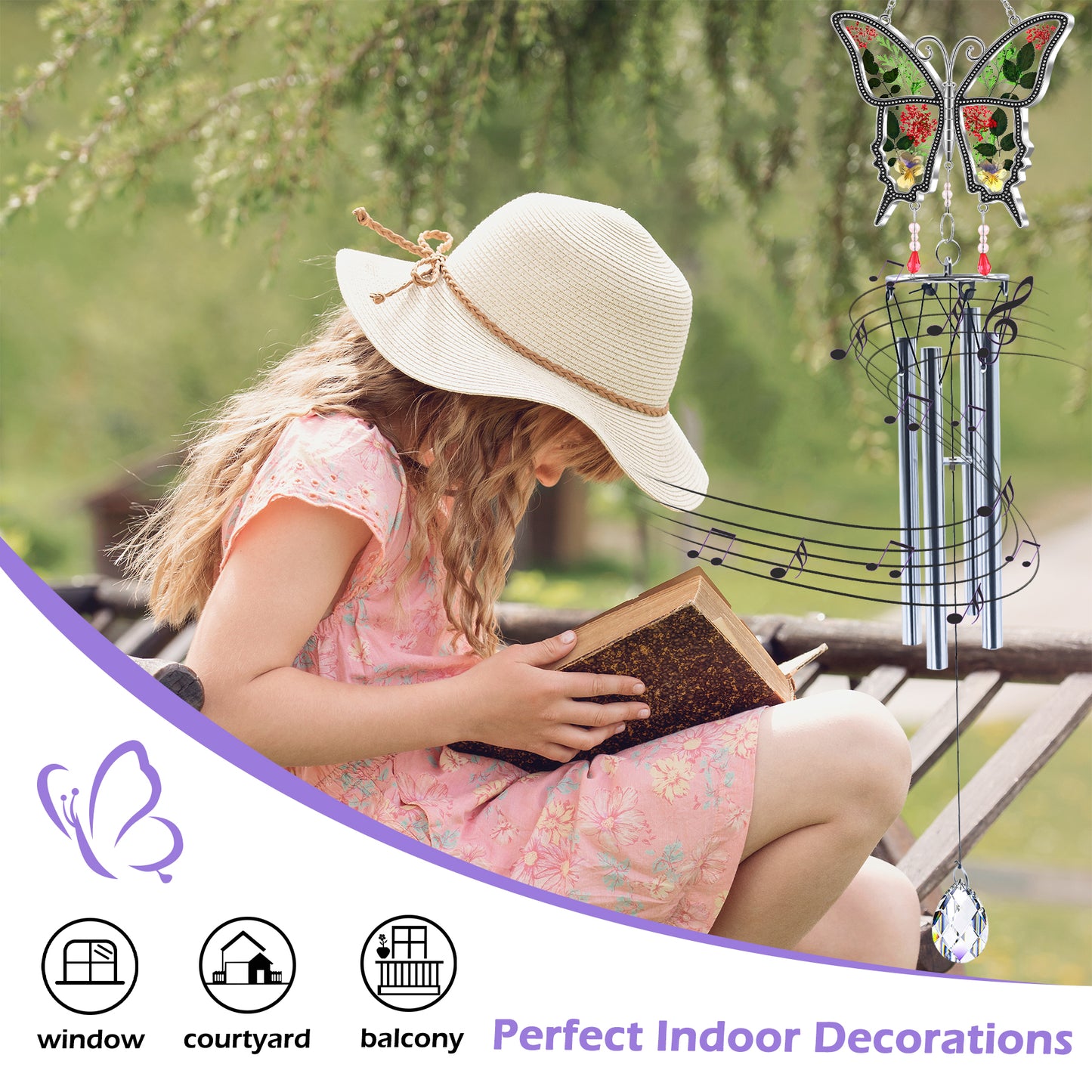 Butterfly Wind Chime – Handmade Glass Art with Real Flowers | Garden & Window Decor