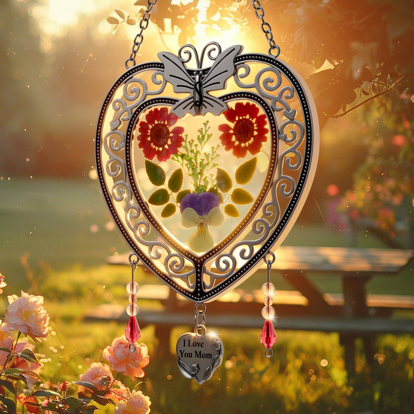 Heart-Shaped Butterfly Suncatcher with Real Flowers – “I Love You Mom” Gift