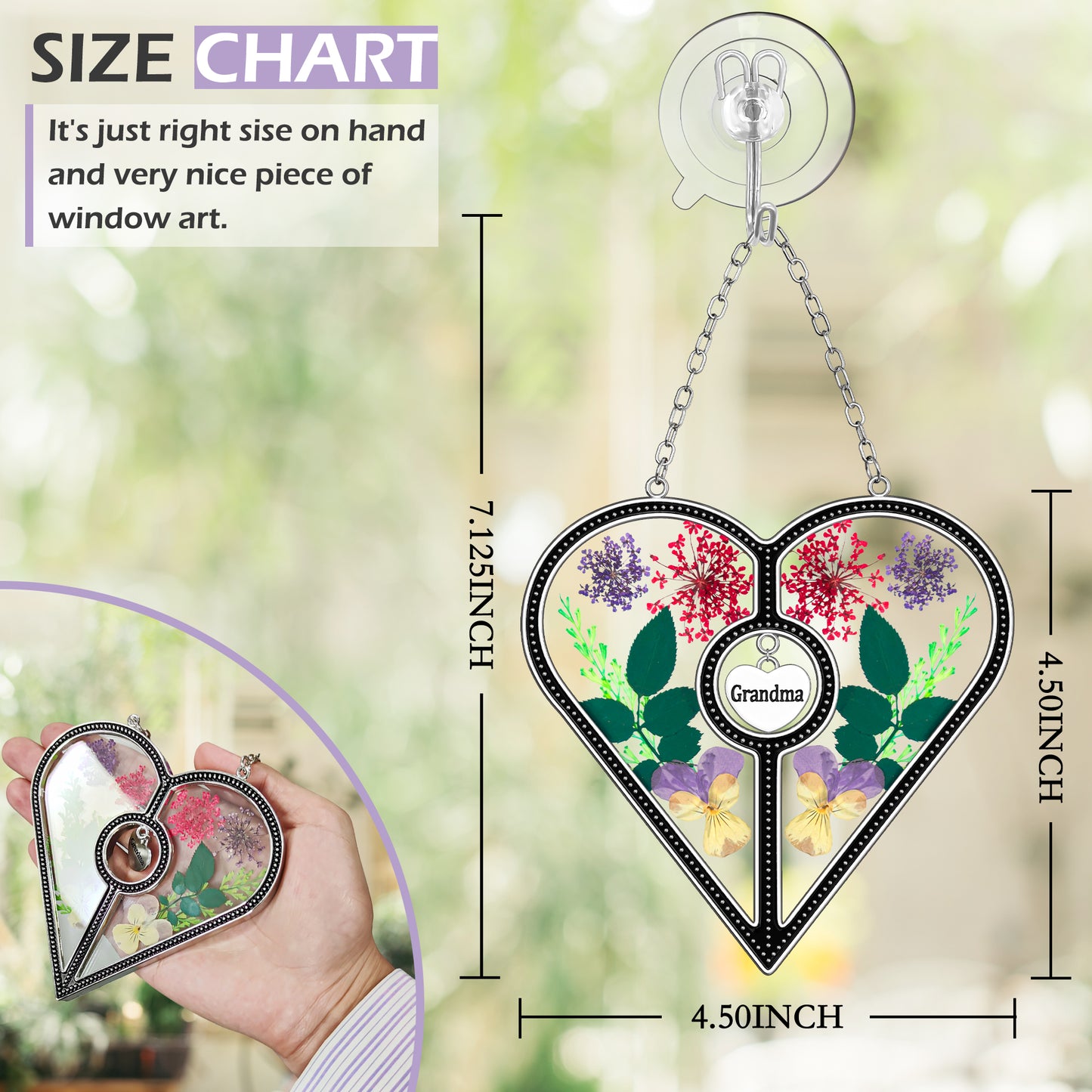 Heart-Shaped Suncatcher with Real Flowers – “Grandma” Hanging Gift Ornament