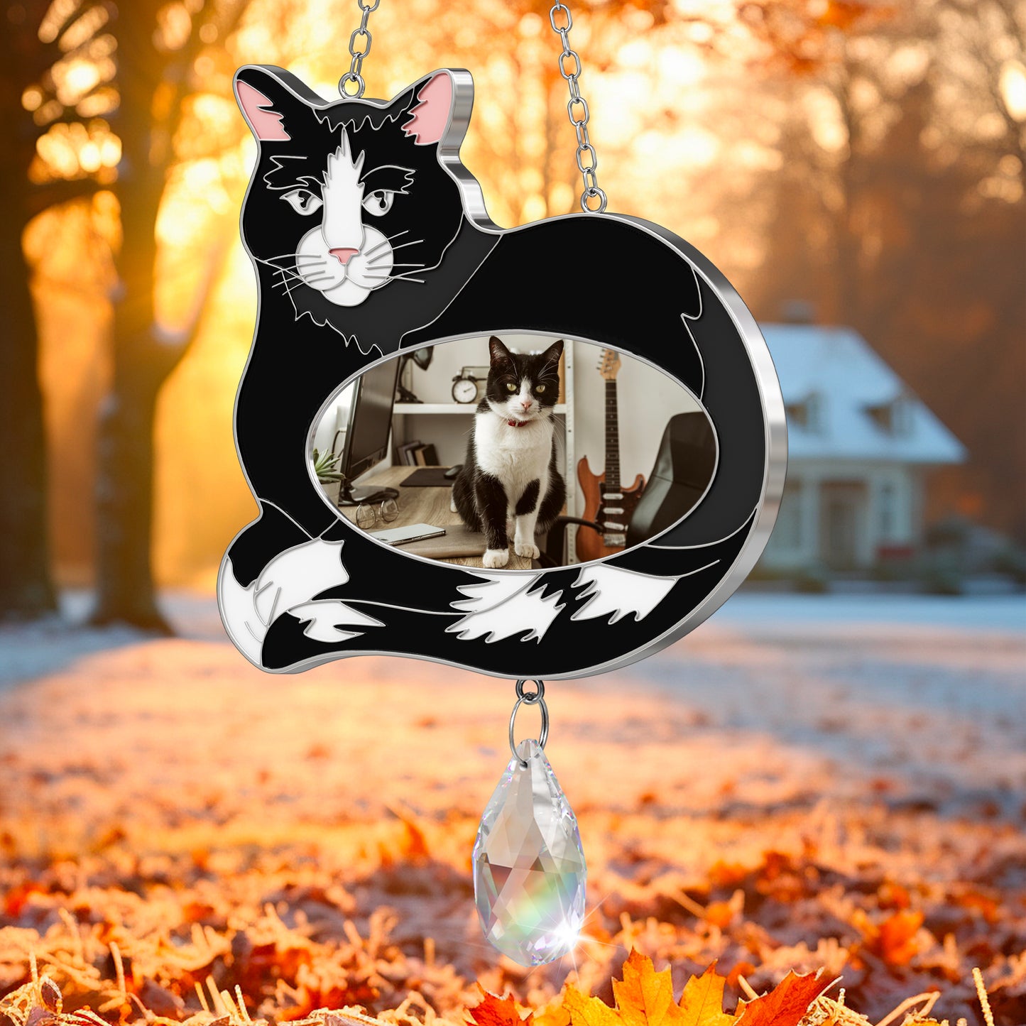 Stained Glass Black & White Cat Hanging Photo Frame with Crystal Pendant