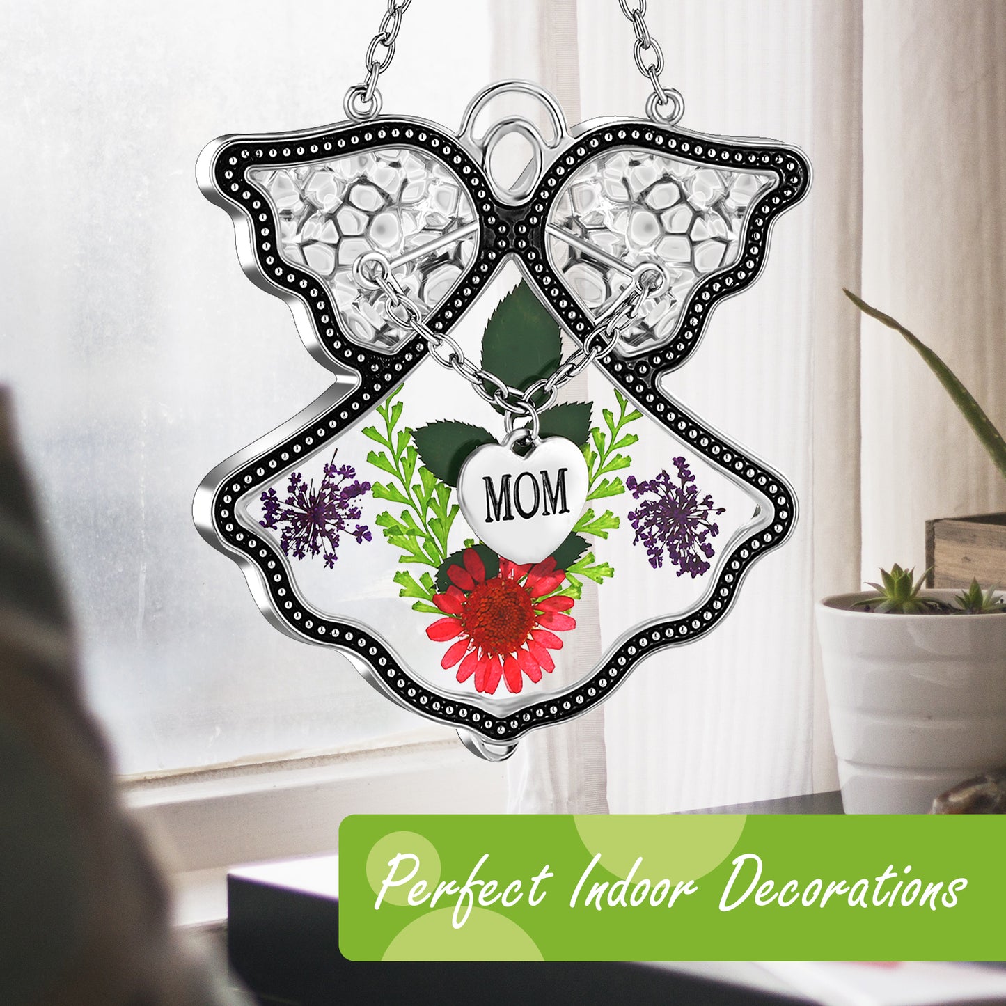 Angel Suncatcher with Real Flowers – “MOM” Heart Charm Hanging Gift
