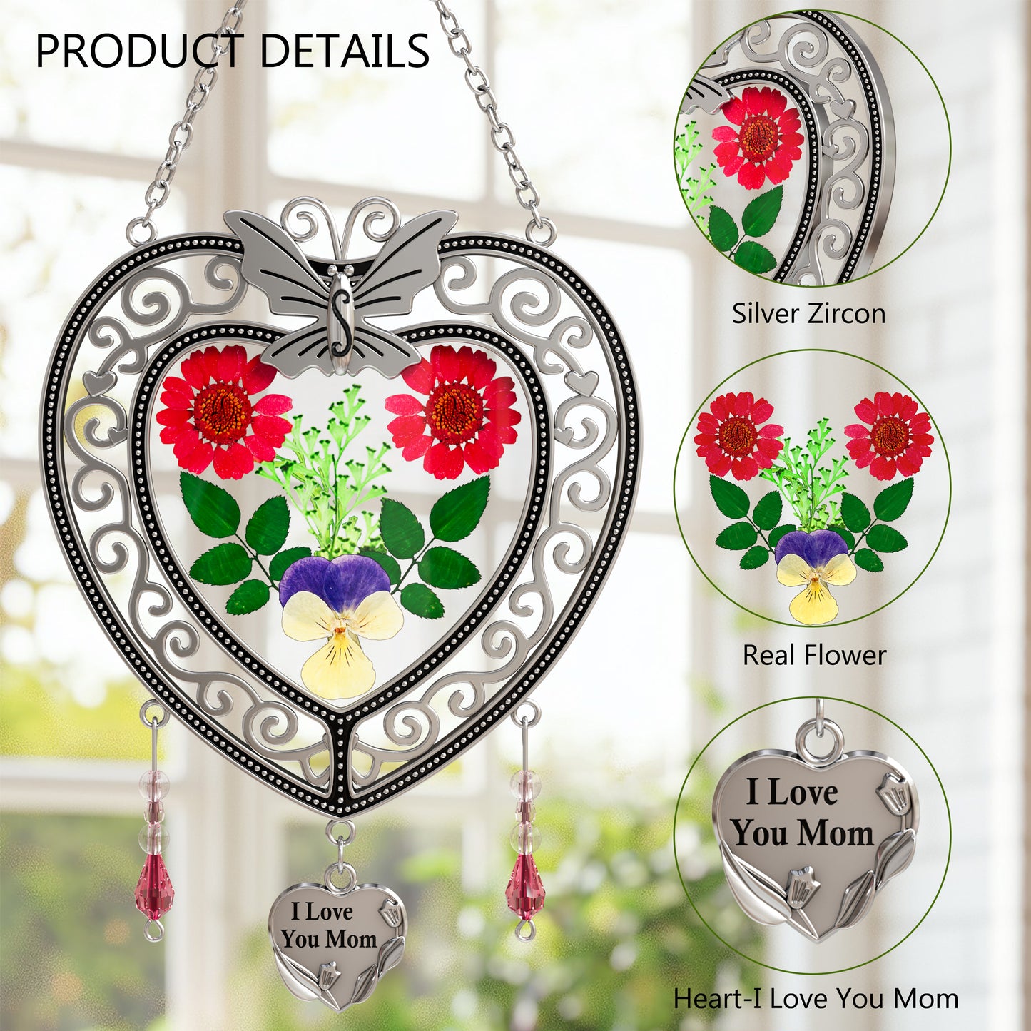 Heart-Shaped Butterfly Suncatcher with Real Flowers – “I Love You Mom” Gift