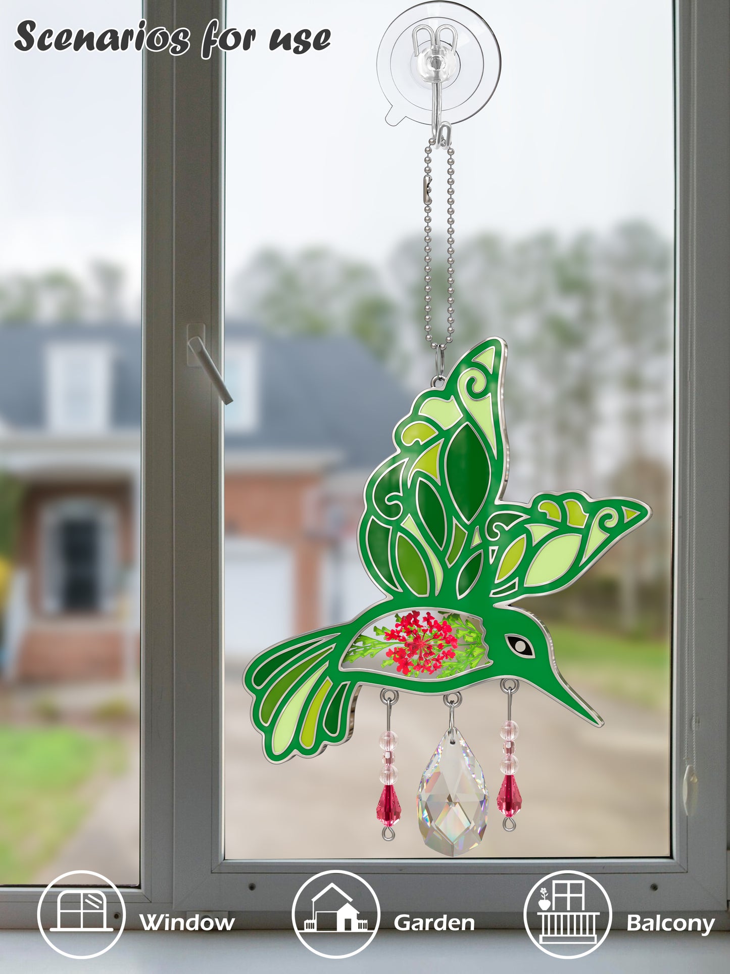 Hummingbird Suncatcher with Real Pressed Flowers & Crystal Drop – Green Window Hanging Decor