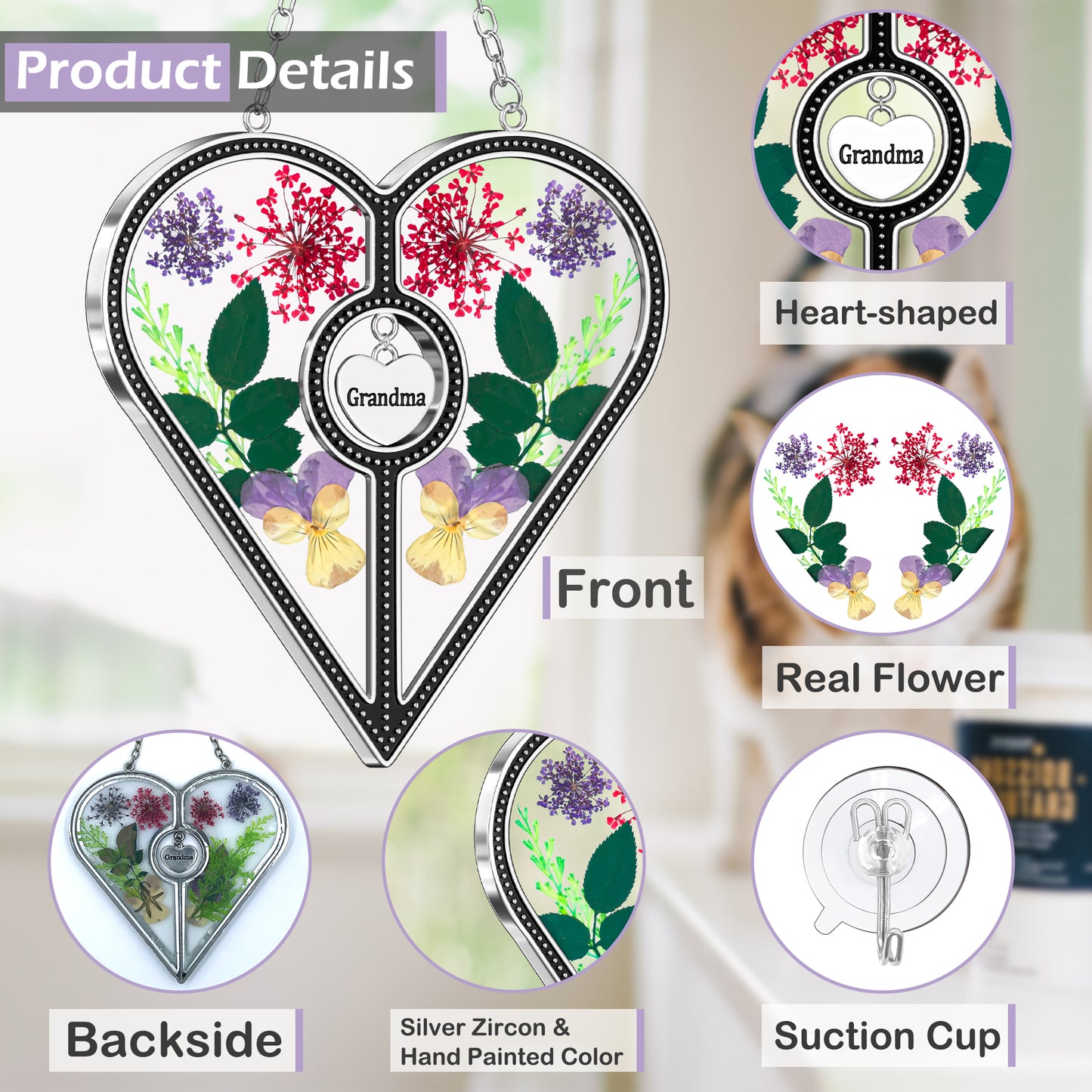 Heart-Shaped Suncatcher with Real Flowers – “Grandma” Hanging Gift Ornament