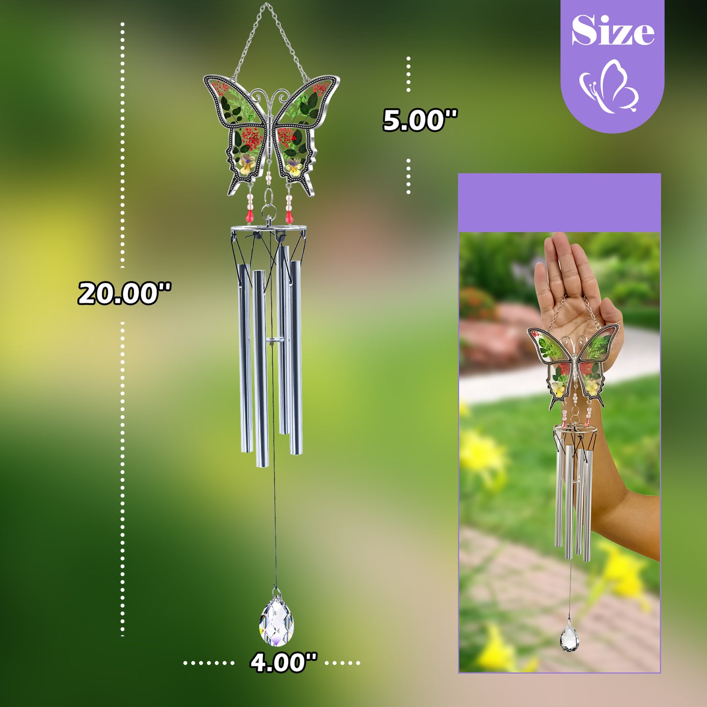 Butterfly Wind Chime – Handmade Glass Art with Real Flowers | Garden & Window Decor