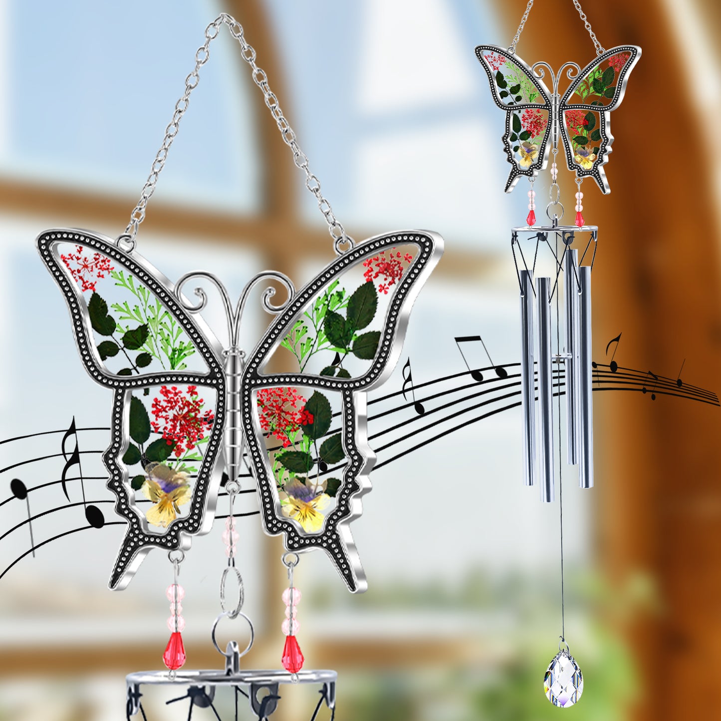 Butterfly Wind Chime – Handmade Glass Art with Real Flowers | Garden & Window Decor