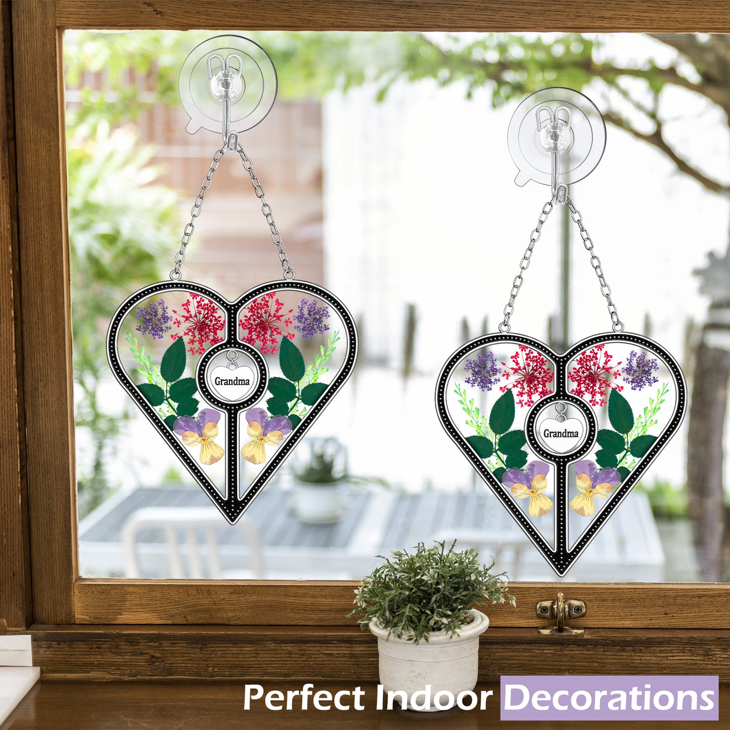 Heart-Shaped Suncatcher with Real Flowers – “Grandma” Hanging Gift Ornament