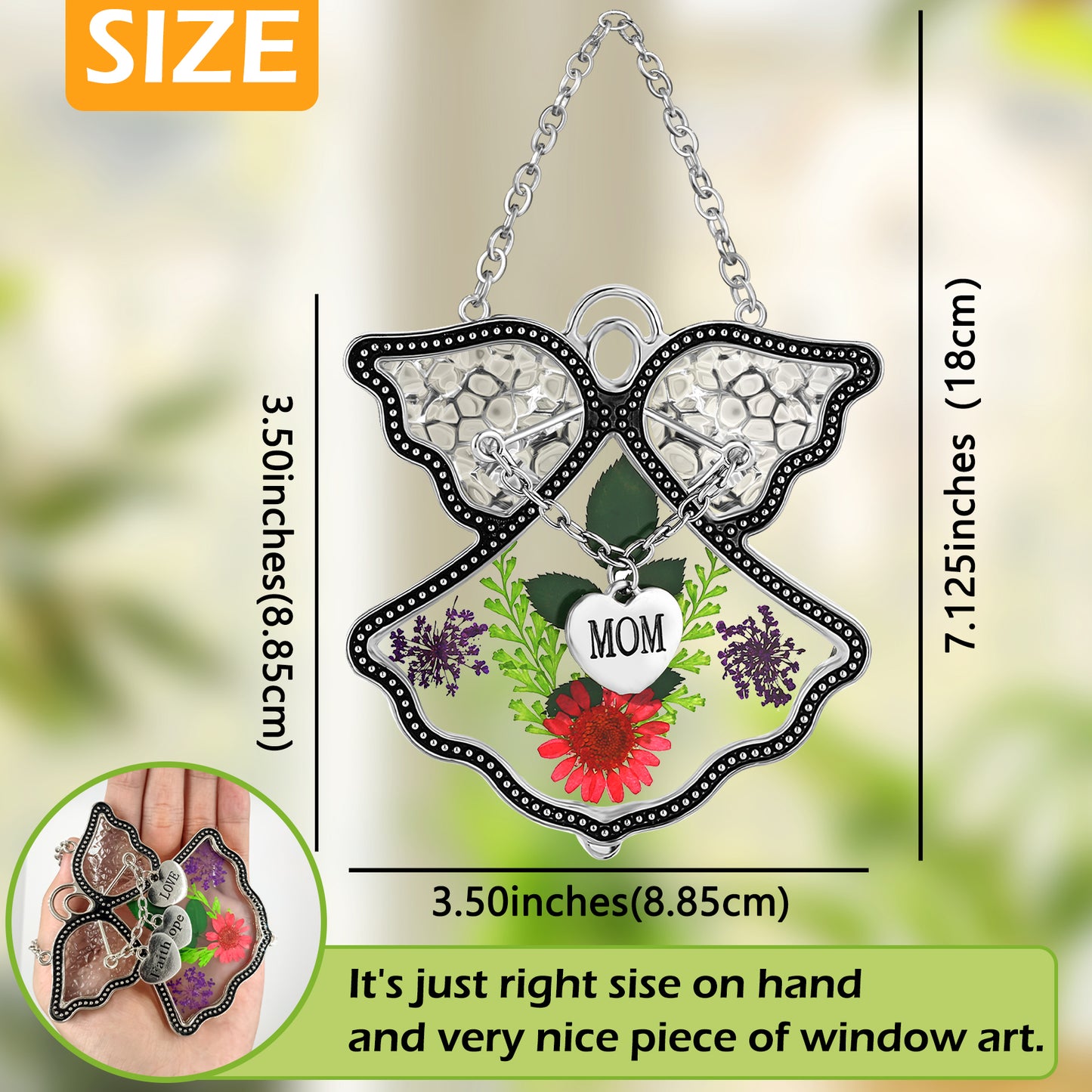 Angel Suncatcher with Real Flowers – “MOM” Heart Charm Hanging Gift