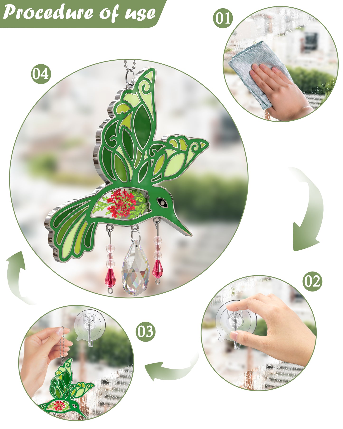 Hummingbird Suncatcher with Real Pressed Flowers & Crystal Drop – Green Window Hanging Decor