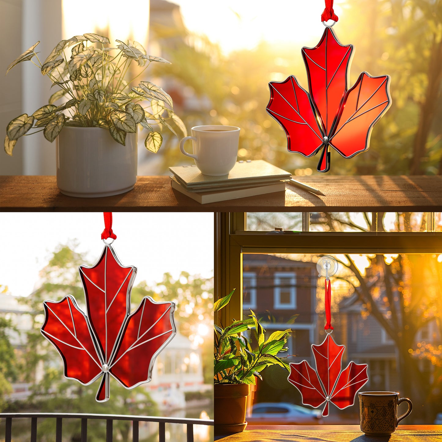 Stained Glass Maple Leaf Hanging Ornament – Canadian Window Suncatcher Decoration