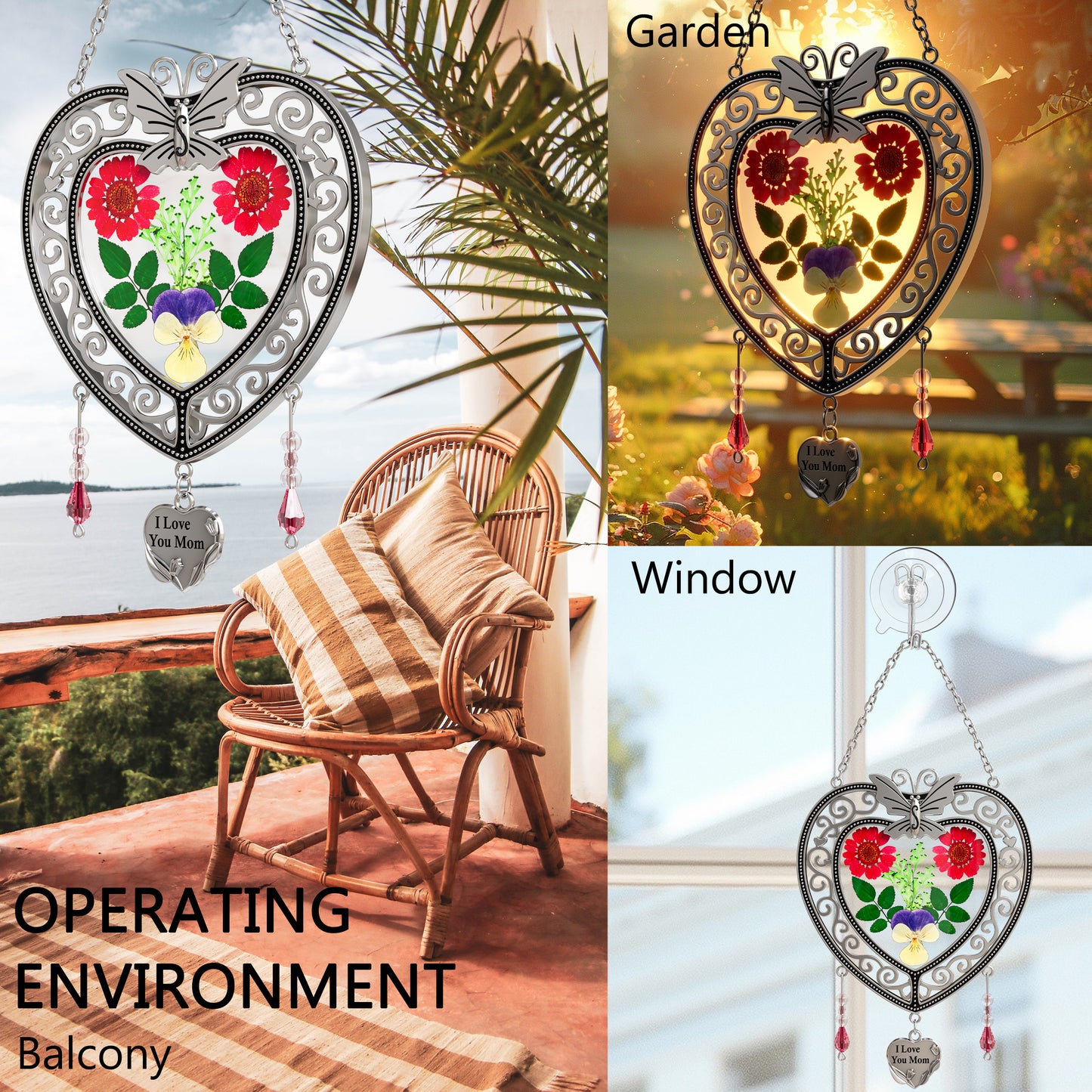 Heart-Shaped Butterfly Suncatcher with Real Flowers – “I Love You Mom” Gift