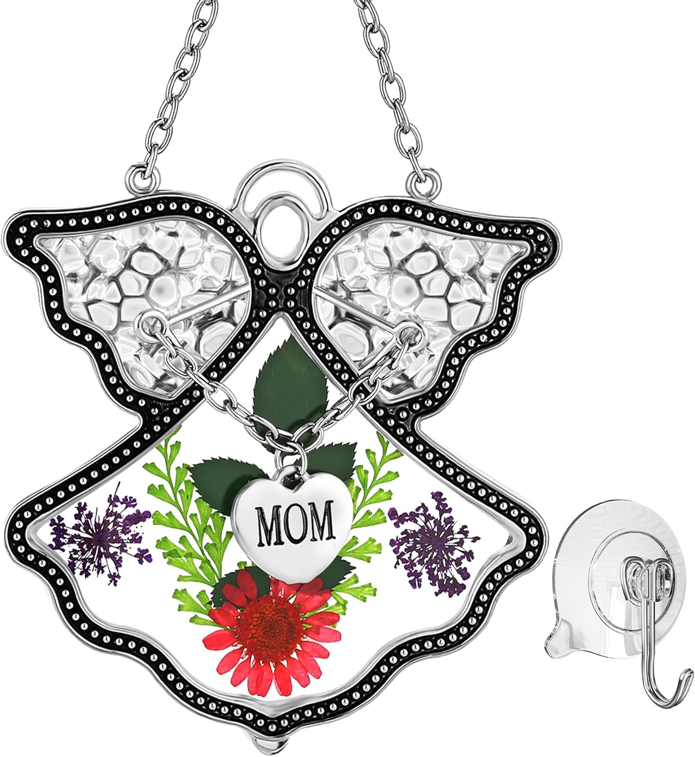 Angel Suncatcher with Real Flowers – “MOM” Heart Charm Hanging Gift