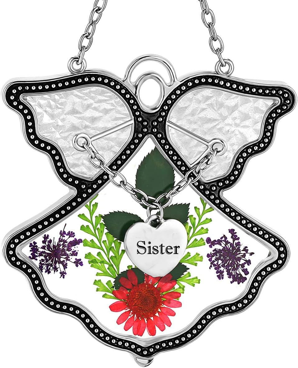 Angel Suncatcher with Real Flowers – “MOM” Heart Charm Hanging Gift
