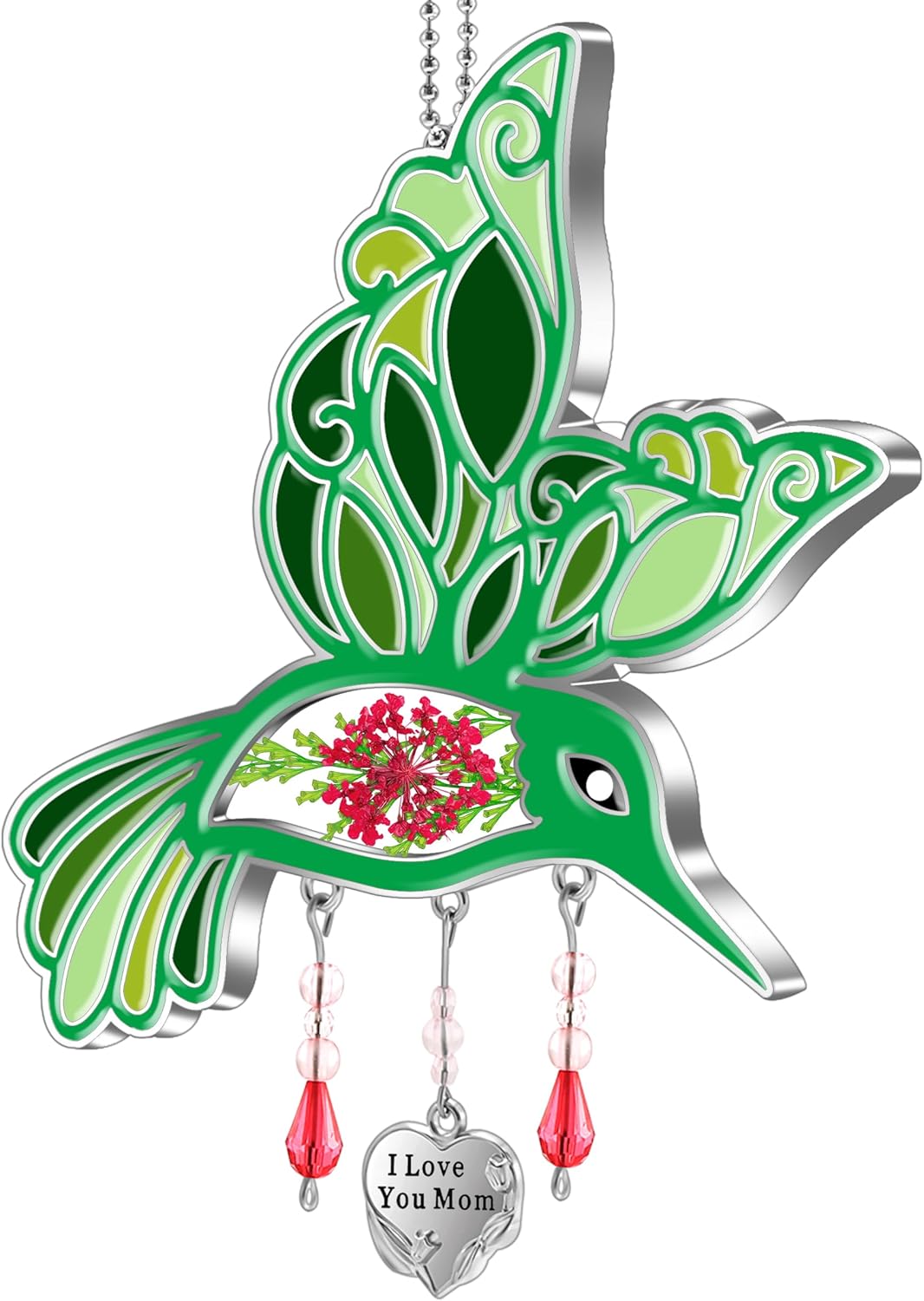Hummingbird Suncatcher with Real Pressed Flowers & Crystal Drop – Green Window Hanging Decor