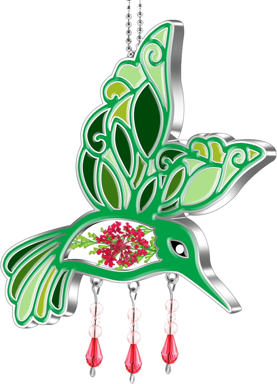 Hummingbird Suncatcher with Real Pressed Flowers & Crystal Drop – Green Window Hanging Decor