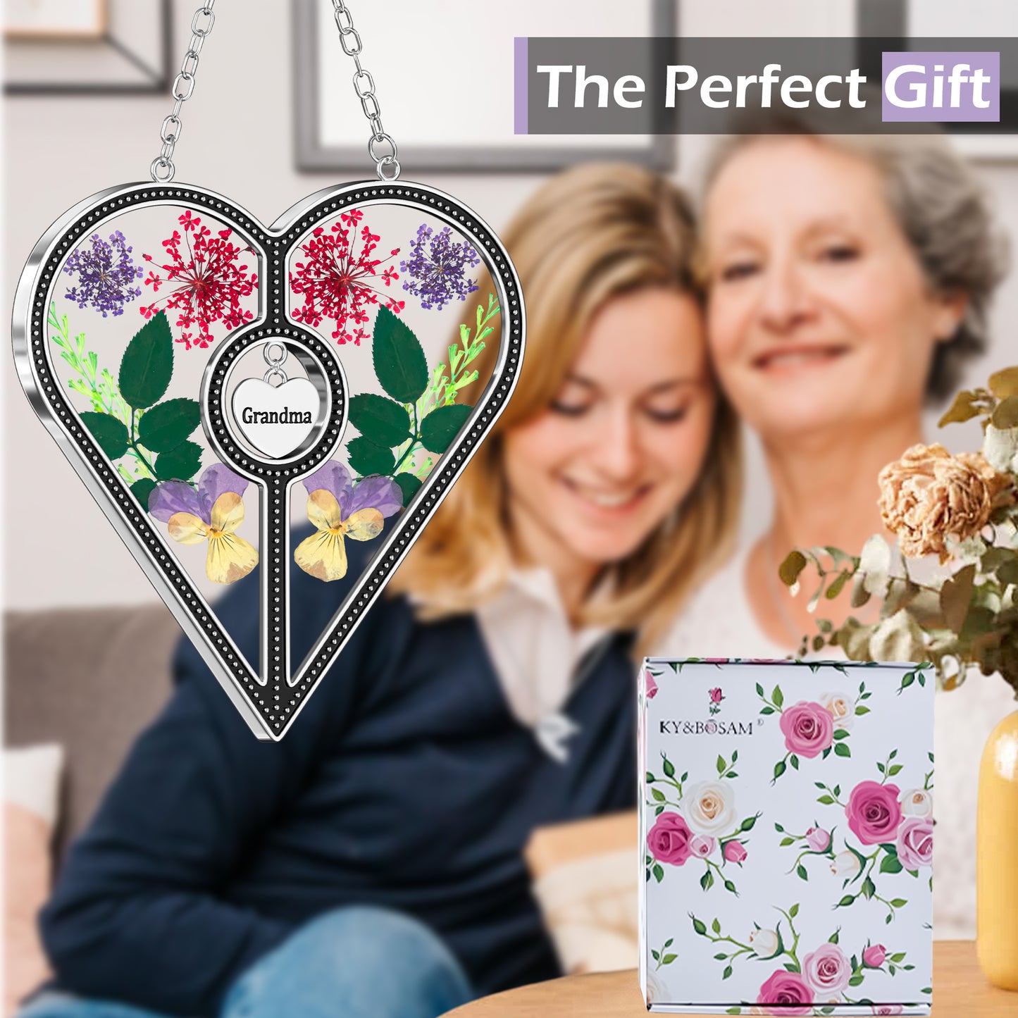 Heart-Shaped Suncatcher with Real Flowers – “Grandma” Hanging Gift Ornament