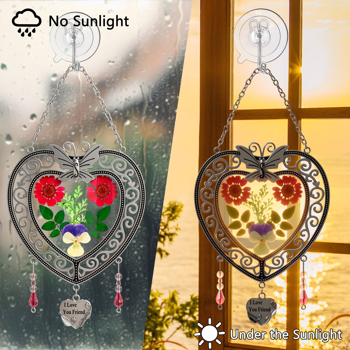 Heart-Shaped Butterfly Suncatcher with Real Flowers – “I Love You Mom” Gift