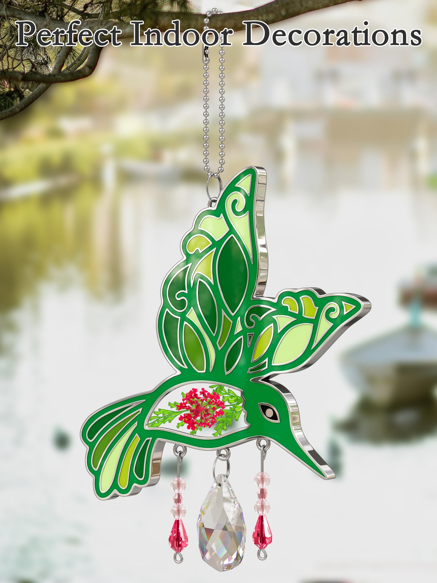 Hummingbird Suncatcher with Real Pressed Flowers & Crystal Drop – Green Window Hanging Decor