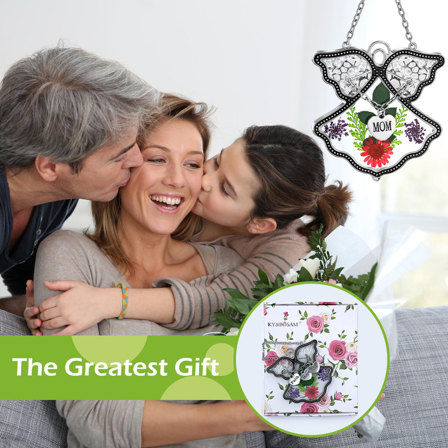Angel Suncatcher with Real Flowers – “MOM” Heart Charm Hanging Gift